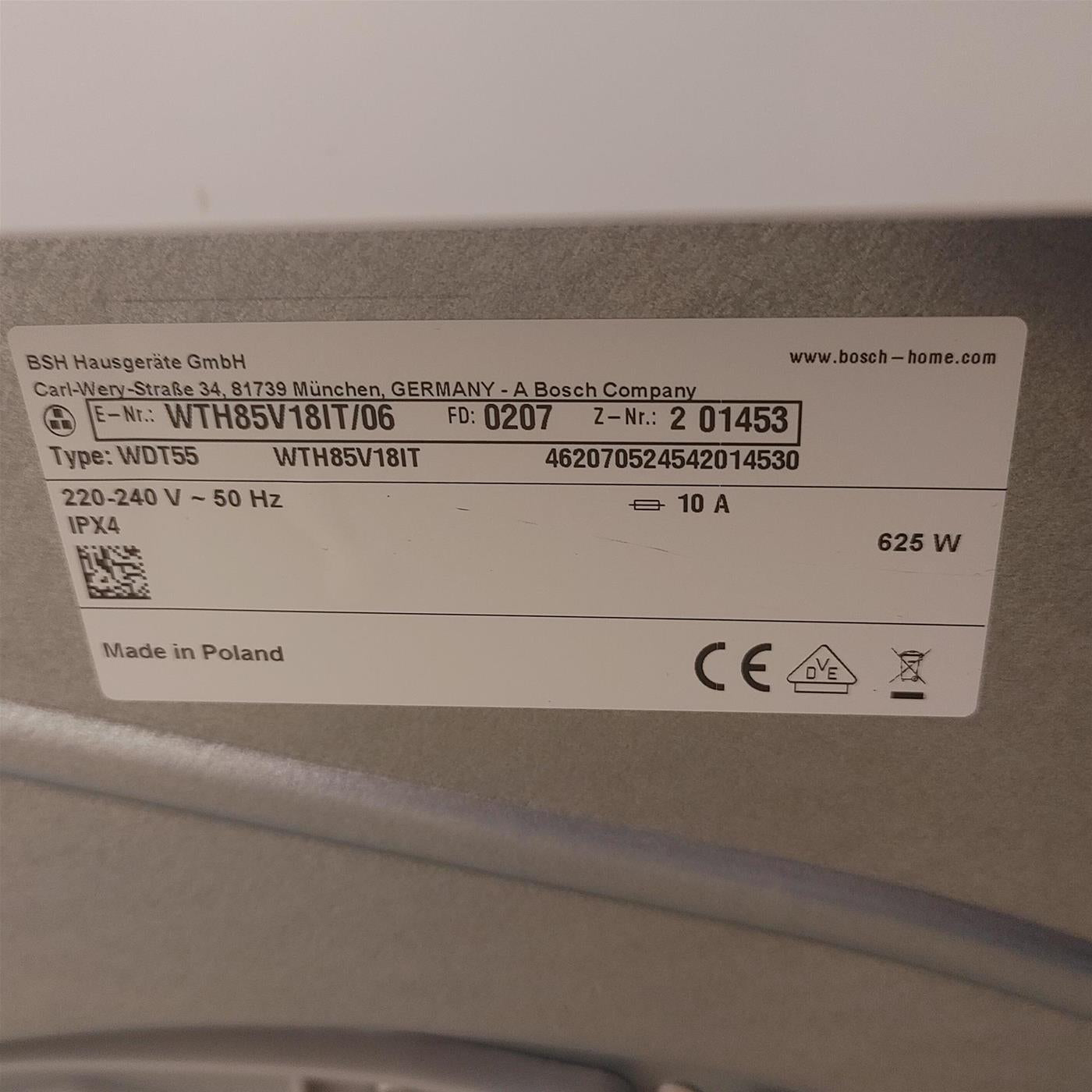 Asciugatrice Bosch WTH85V18IT Libera installazione Carica frontale 8 kg A++ Bianco