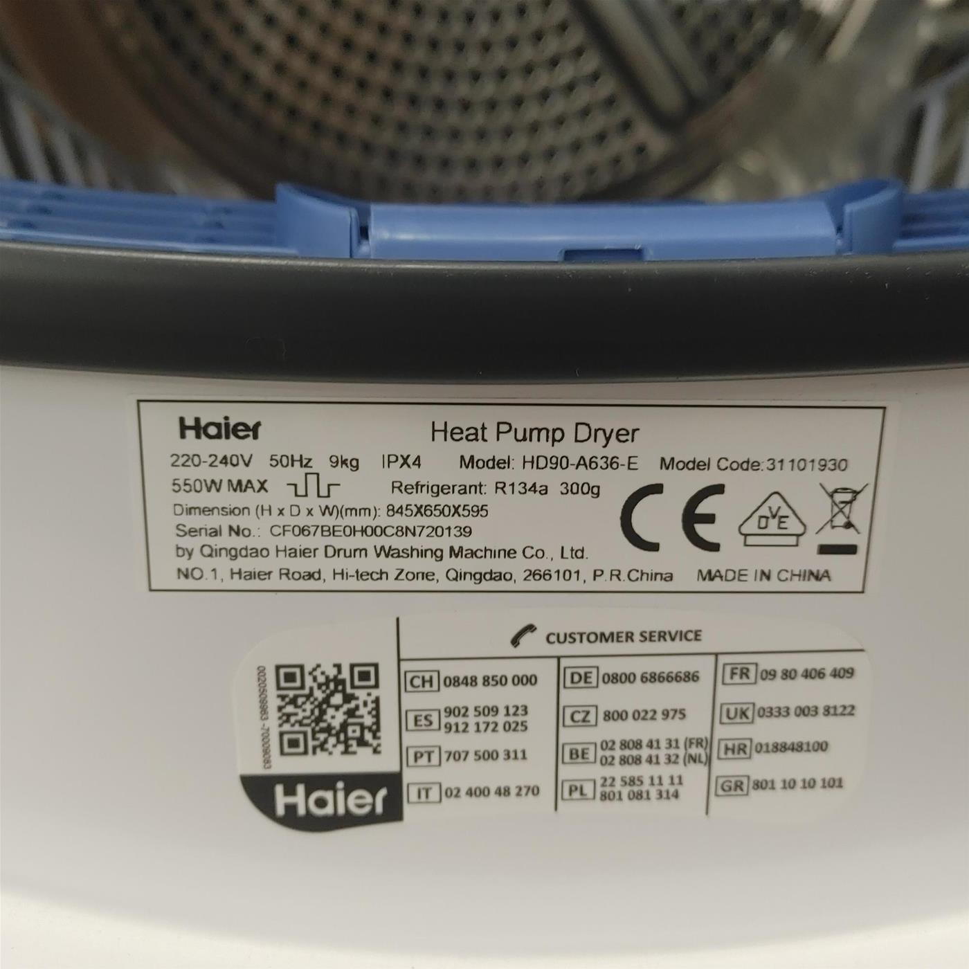 Asciugatrice Haier HD90-A636 Libera installazione Caricamento frontale 9 kg A++ Bianco