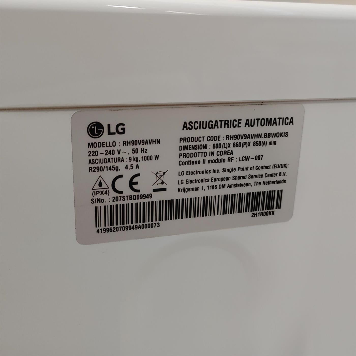 LG RH90V9AVHN asciugatrice Libera installazione Caricamento frontale 9 kg A+++ Bianco