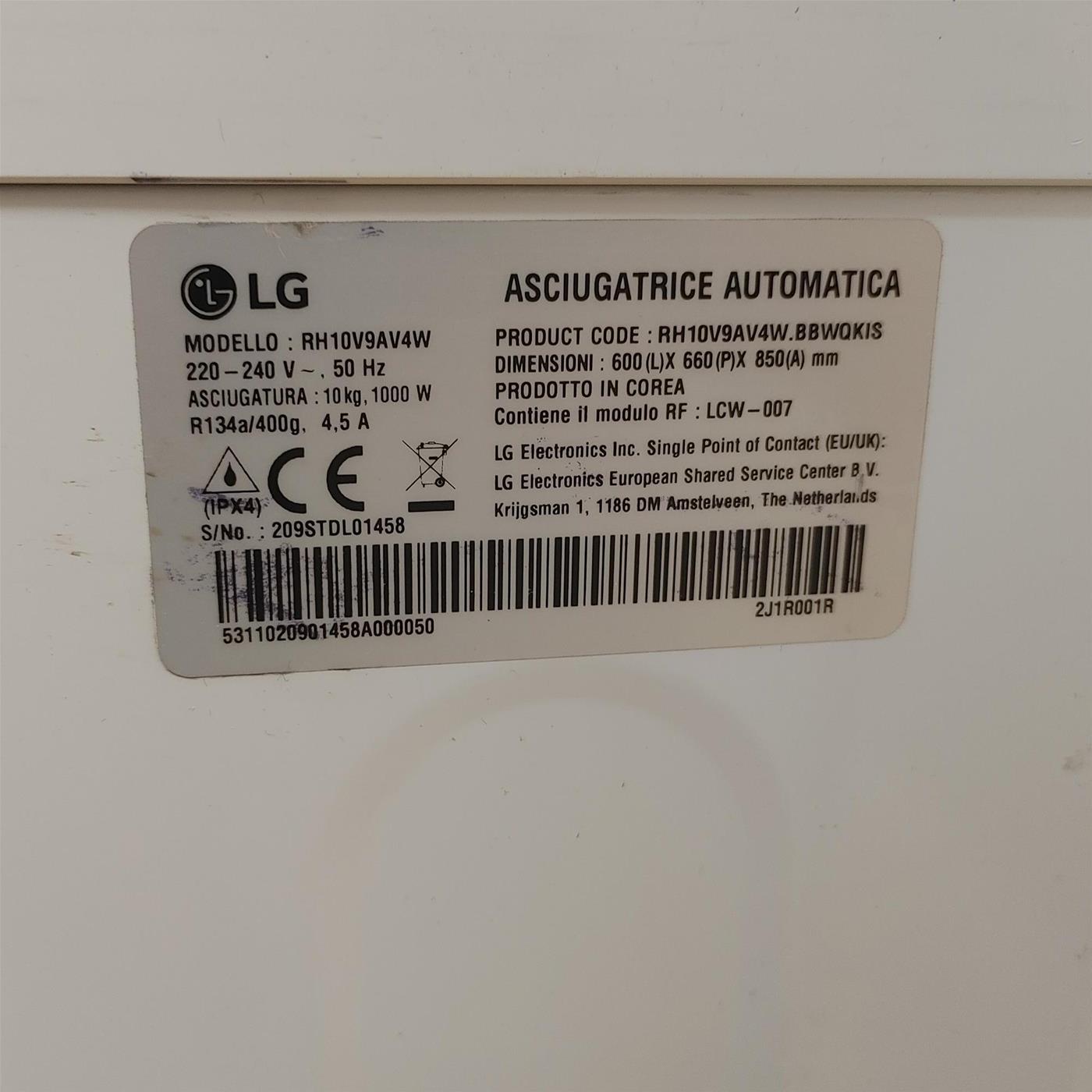 LG RH10V9AV4W asciugatrice Libera installazione Caricamento frontale 10 kg A+++ Bianco