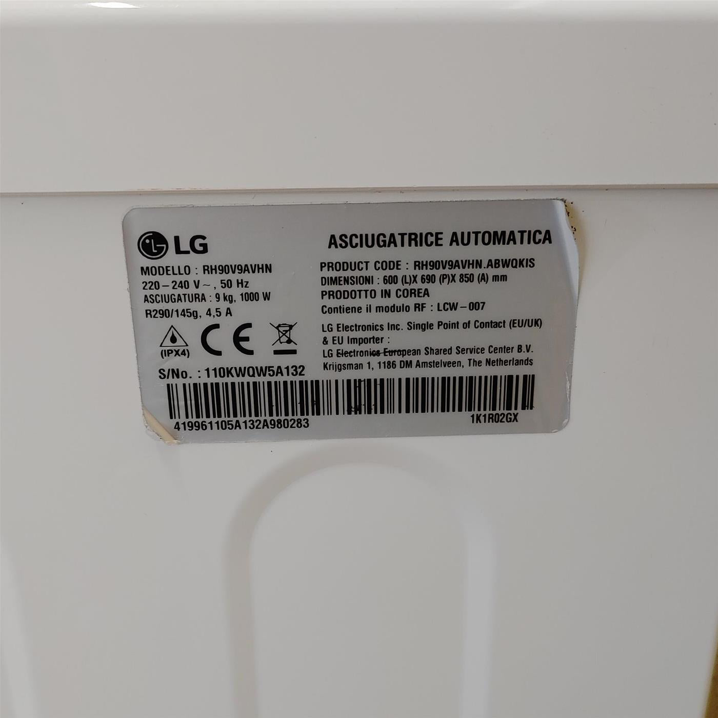 LG RH90V9AVHN asciugatrice Libera installazione Caricamento frontale 9 kg A+++ Bianco