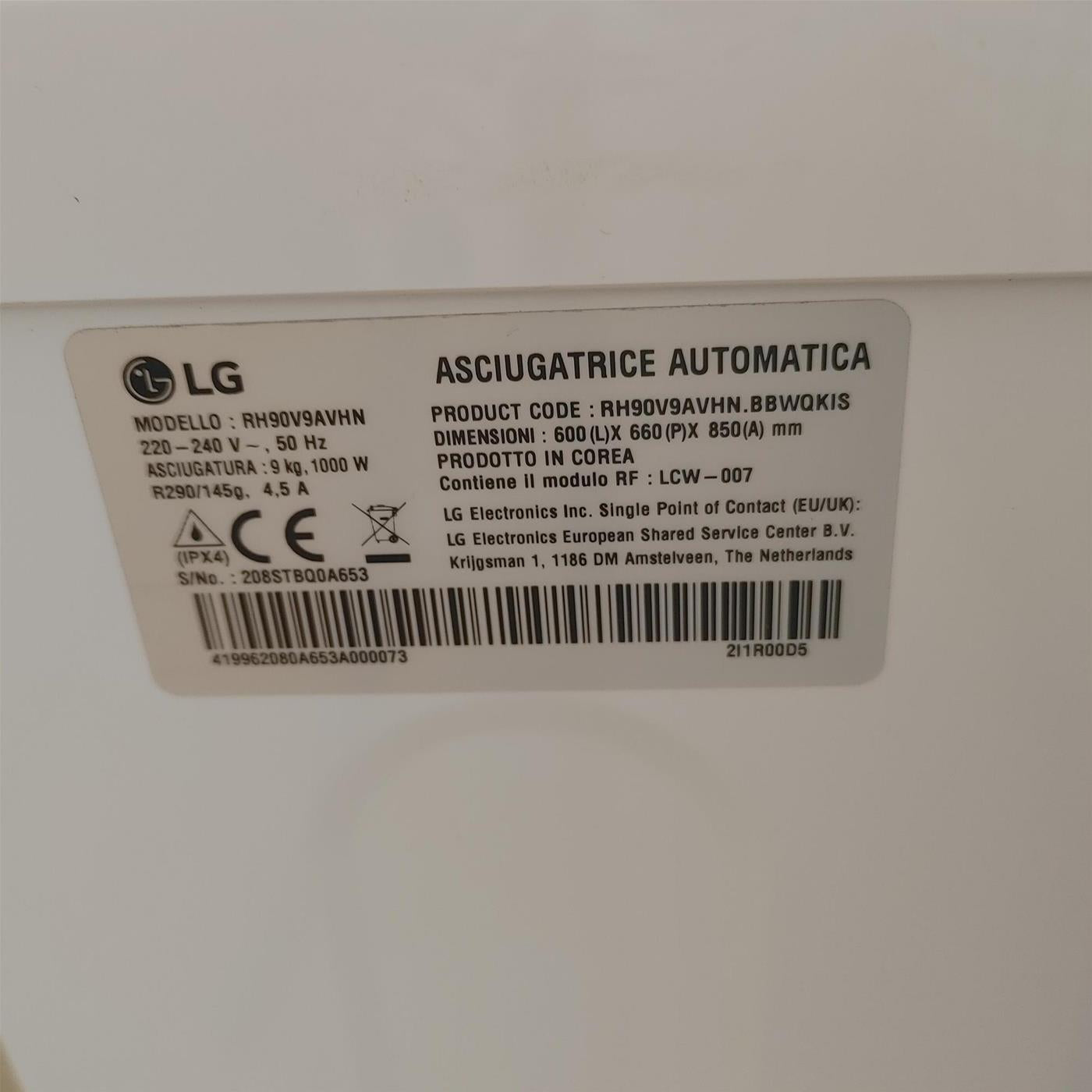 LG RH90V9AVHN asciugatrice Libera installazione Caricamento frontale 9 kg A+++ Bianco