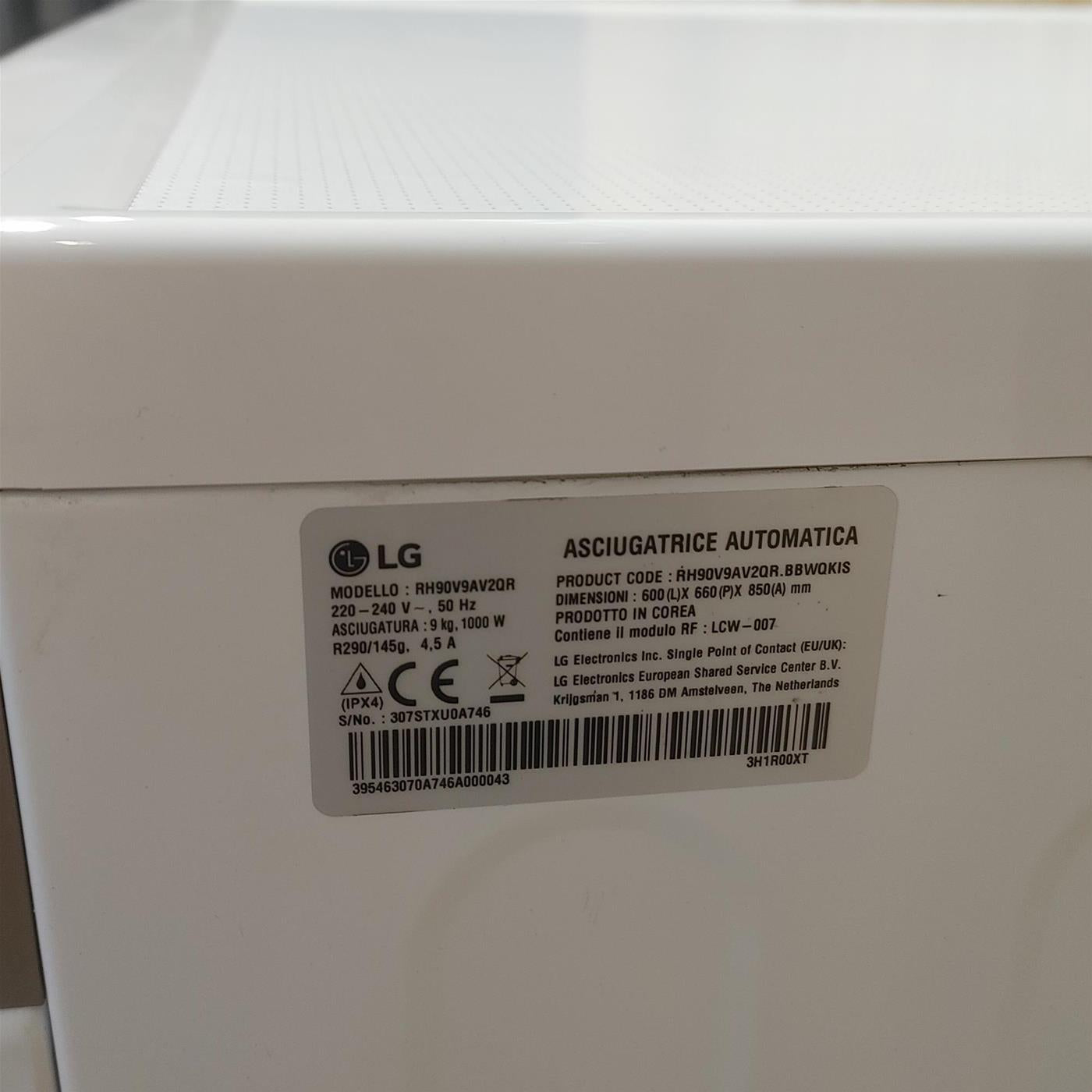 Asciugatrice LG RH90V9AV2QR Libera installazione Caricamento frontale 9 kg A+++ Bianco