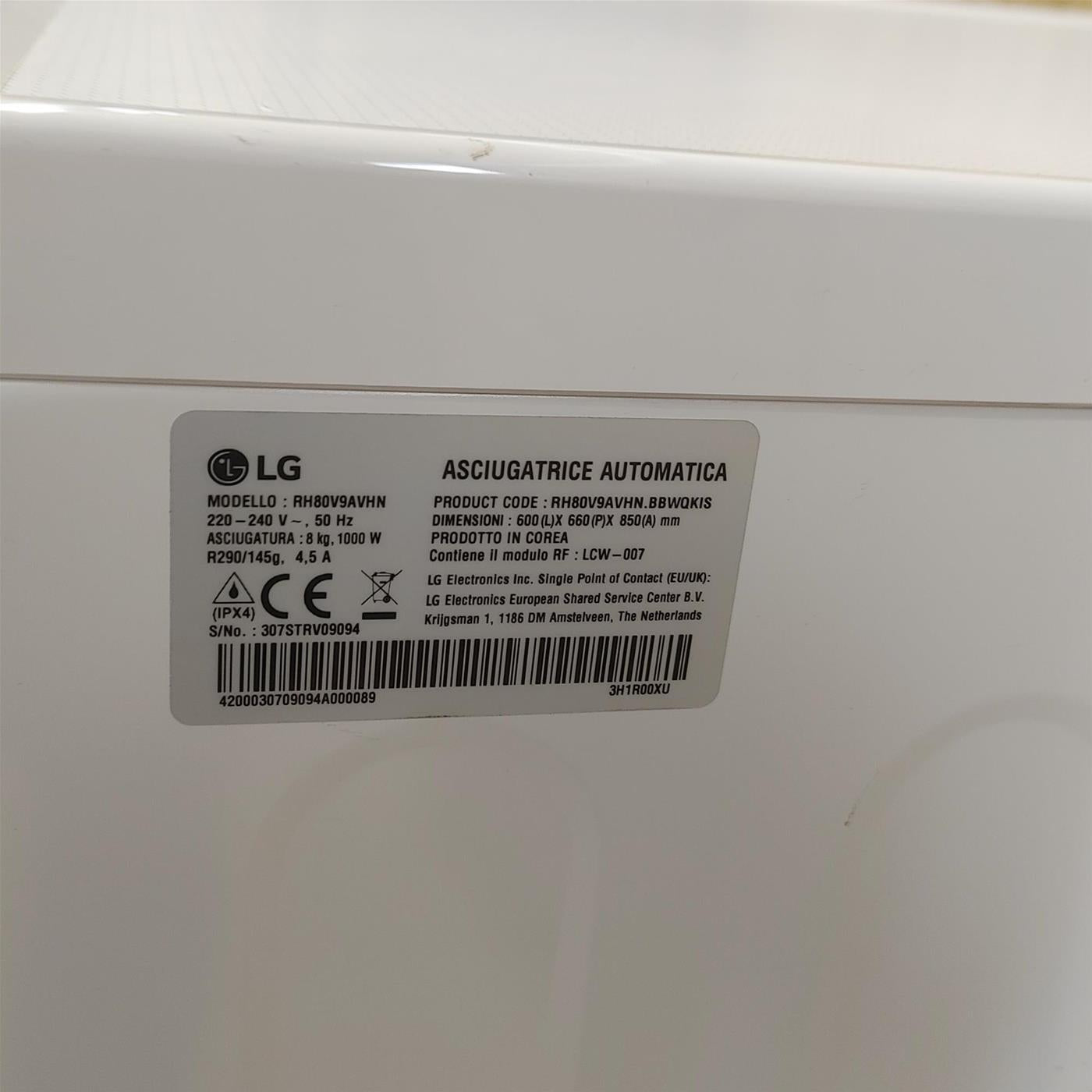 Asciugatrice LG RH80V9AVHN Libera installazione Carica frontale 8 kg A+++ Bianco