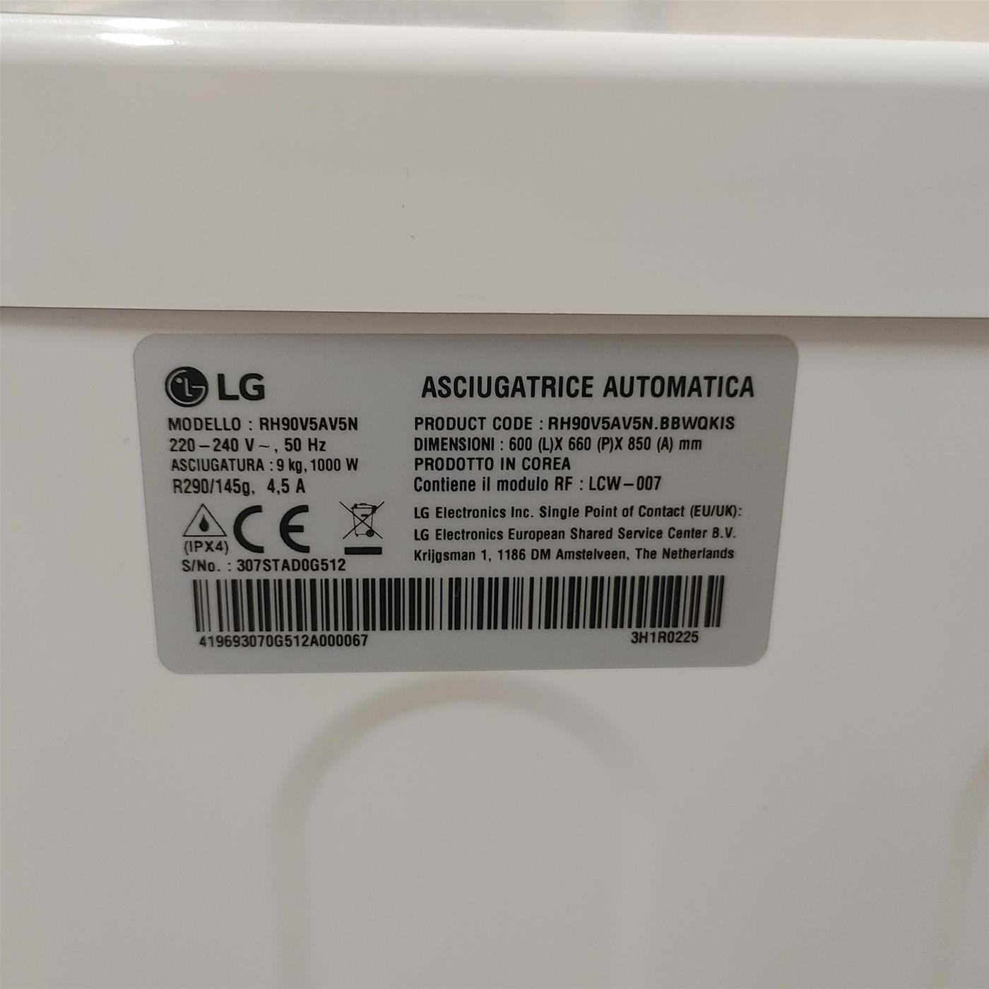 Asciugatrice LG RH90V5AV5N Libera installazione Caricamento frontale 9 kg A++ Bianco