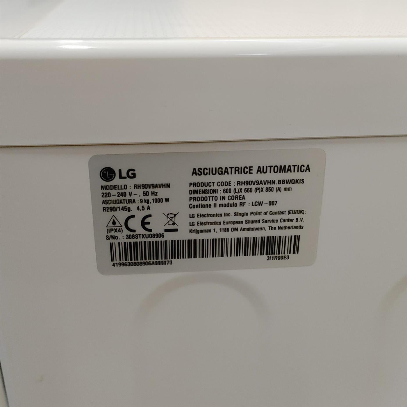 Asciugatrice LG RH90V9AVHN Libera installazione Caricamento frontale 9 kg A+++ Bianco