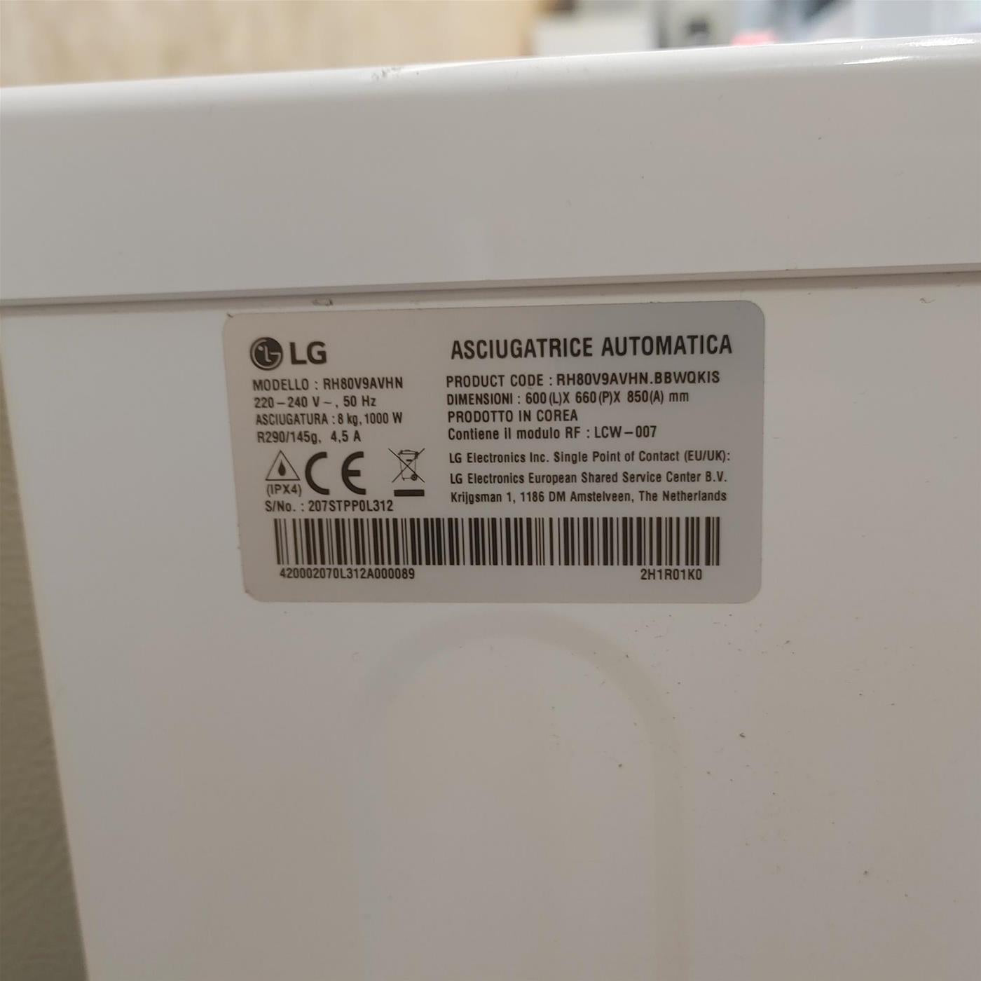 Asciugatrice LG RH80V9AVHN Libera installazione Carica frontale 8 kg A+++ Bianco
