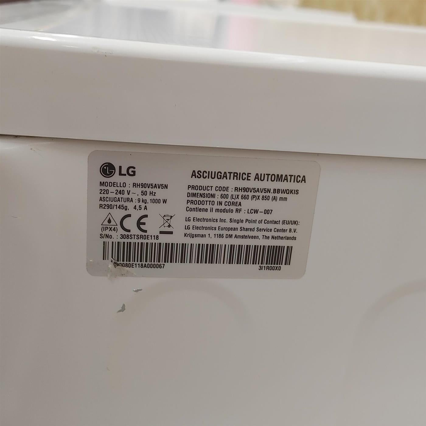 LG RH90V5AV5N asciugatrice Libera installazione Caricamento frontale 9 kg A++ Bianco