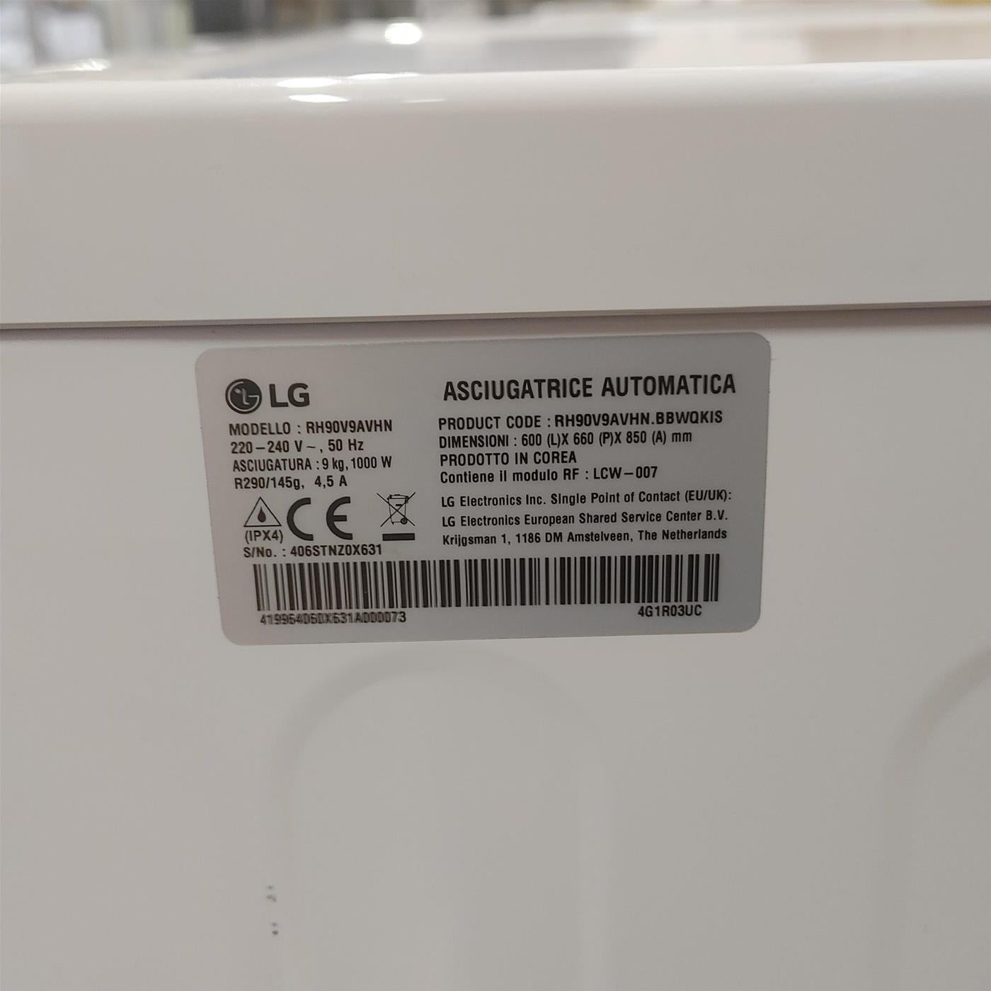 Asciugatrice LG RH90V9AVHN Libera installazione Carica frontale 9 kg A+++ Bianco