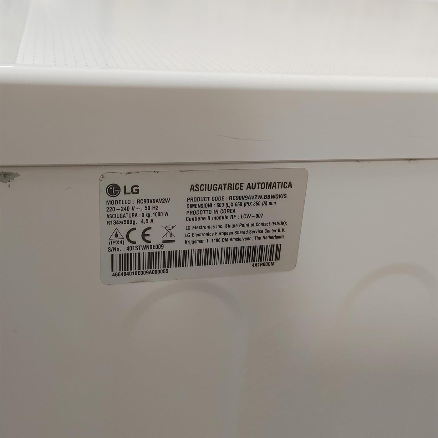 LG RC90V9AV2W Asciugatrice 9 kg Pompa di Calore Libera installazione Carica frontale A+++