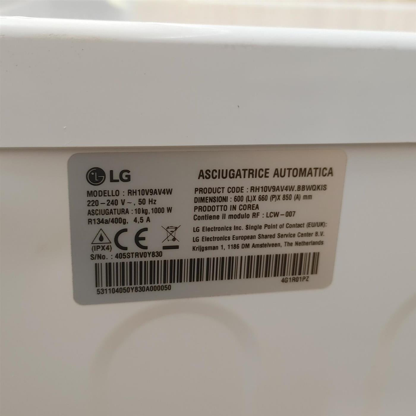LG RH10V9AV4W asciugatrice Libera installazione Caricamento frontale 10 kg A+++ Bianco