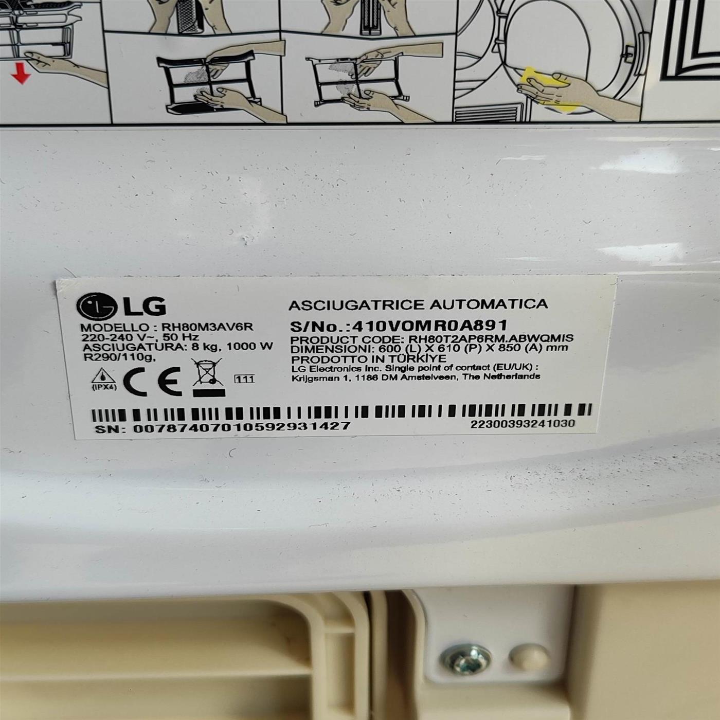 Asciugatrice LG RH80M3AV6R Pompa di Calore 8 Kg