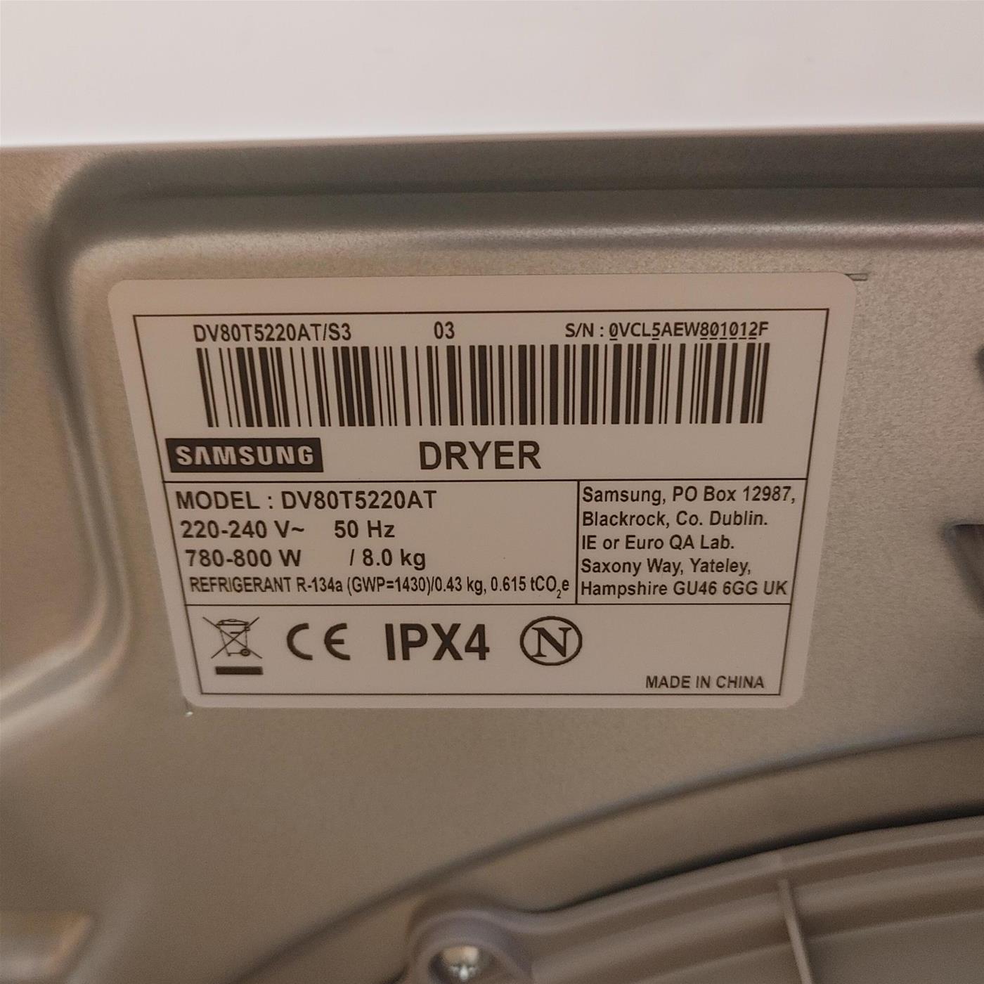 Asciugatrice Samsung DV80T5220AT Libera installazione Carica frontale 8 kg A+++ Bianco