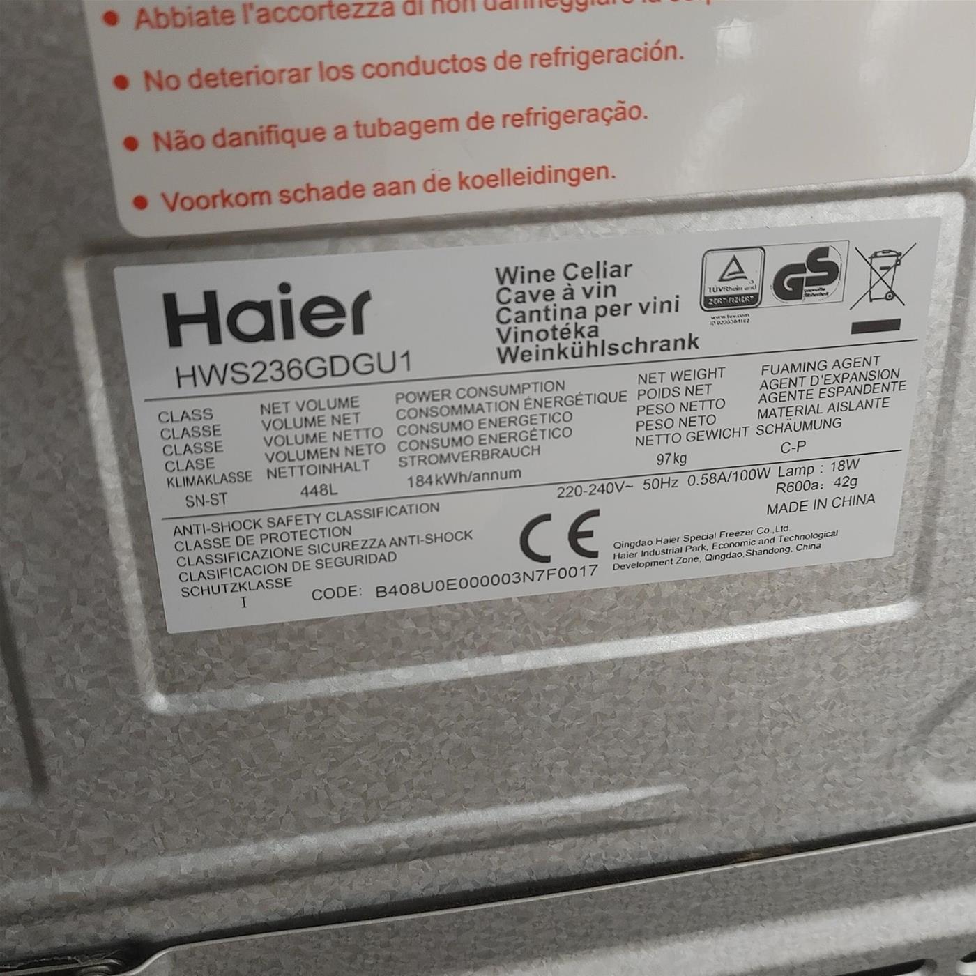 Cantina vino Haier Wine Bank 60 Serie 7 HWS236GDGU1 236 bottiglie