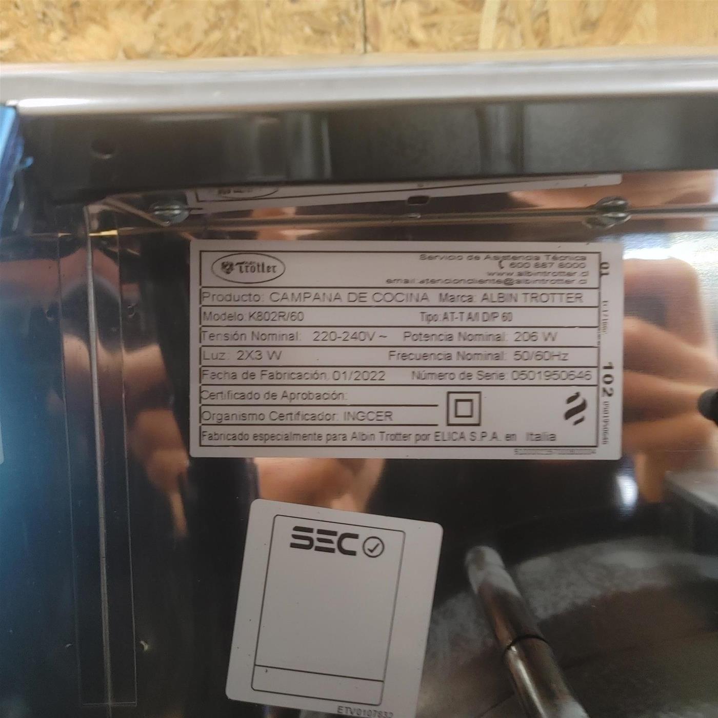 Cappa aspirante Turbo Air Trotter K802R/60A 2M sottopensile