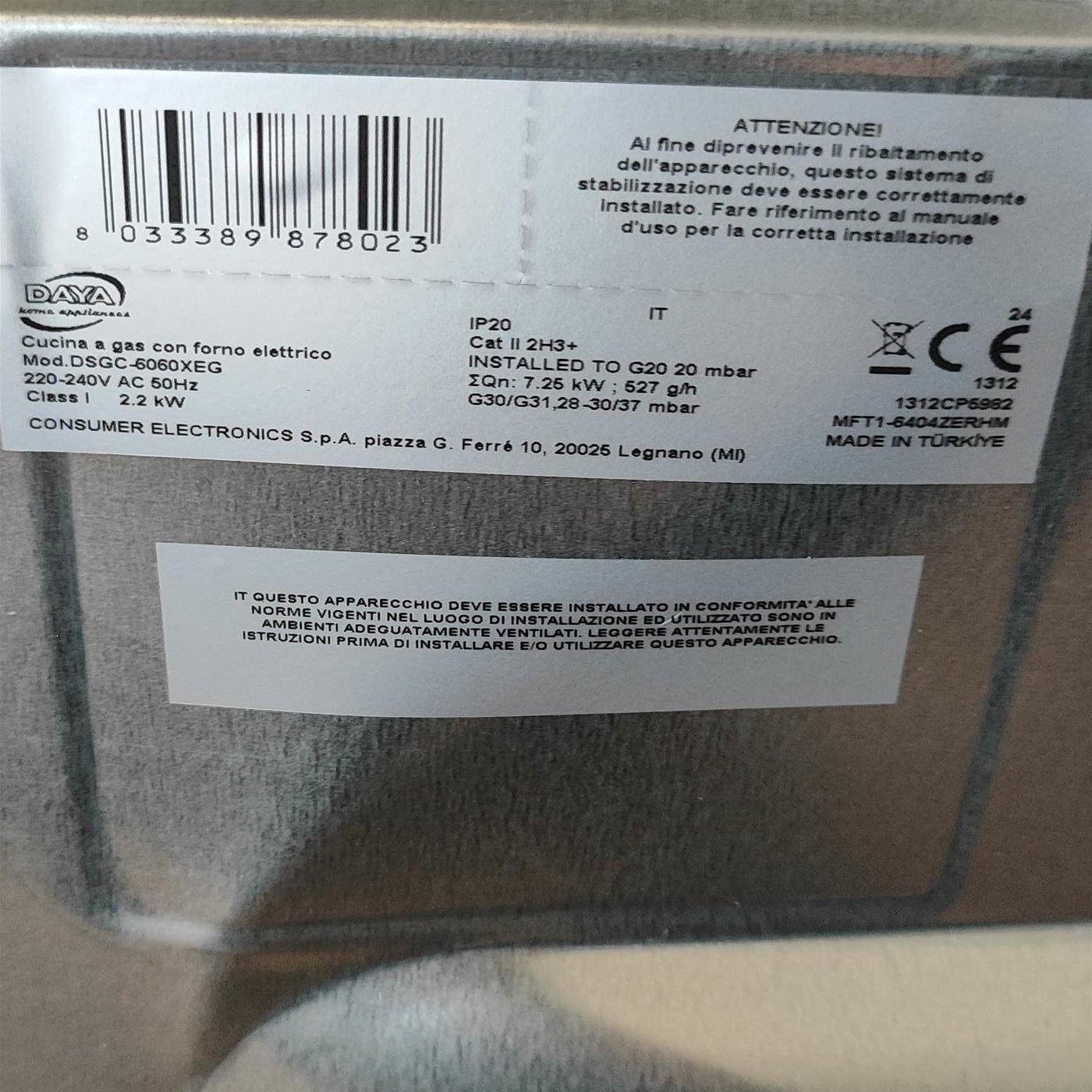 Cucina Daya DSGC-6060XEG Libera installazione a gas