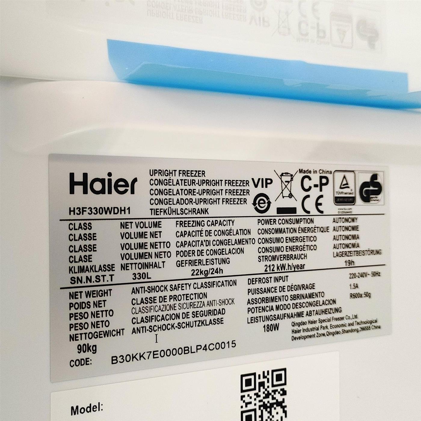 Congelatore Haier INSTASWITCH H3F330WDH1 Congelatore verticale Libera installazione 330 LD Bianco