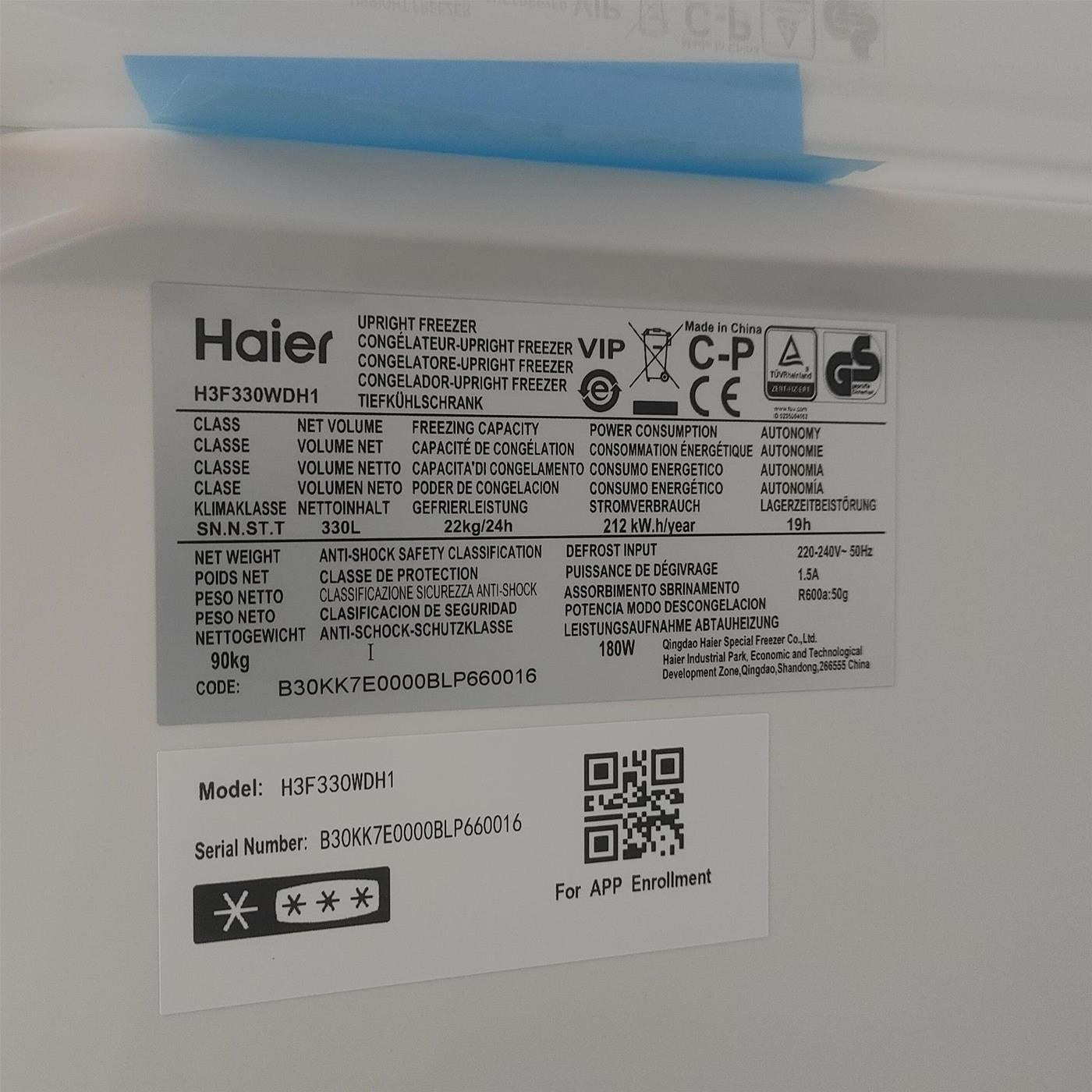Congelatore Haier INSTASWITCH H3F330WDH1 Congelatore verticale Libera installazione 330 LD Bianco