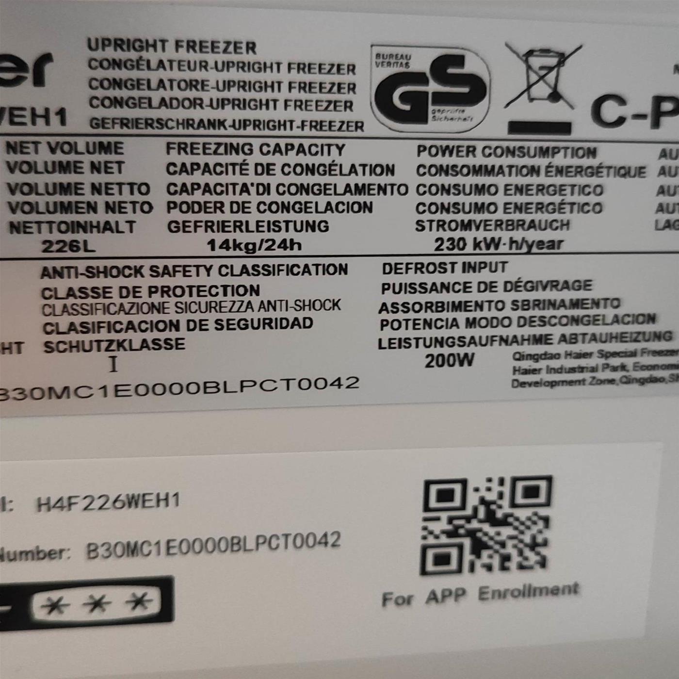 Congelatore verticale Haier H4F226WEH1 Libera installazione 226 L