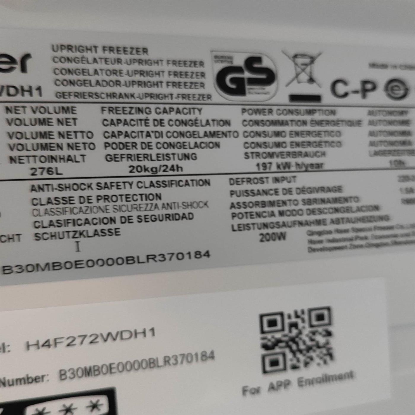 Congelatore verticale Haier H4F272WDH1 Libera installazione 276 L