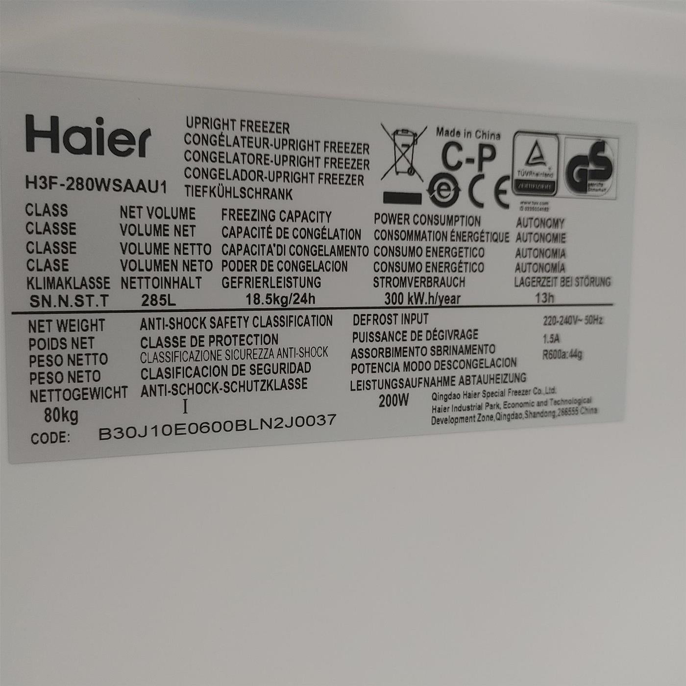 Haier UP 60 Series 7 H3F-280WSAAU1 Congelatore verticale Libera installazione 285 LF Bianco
