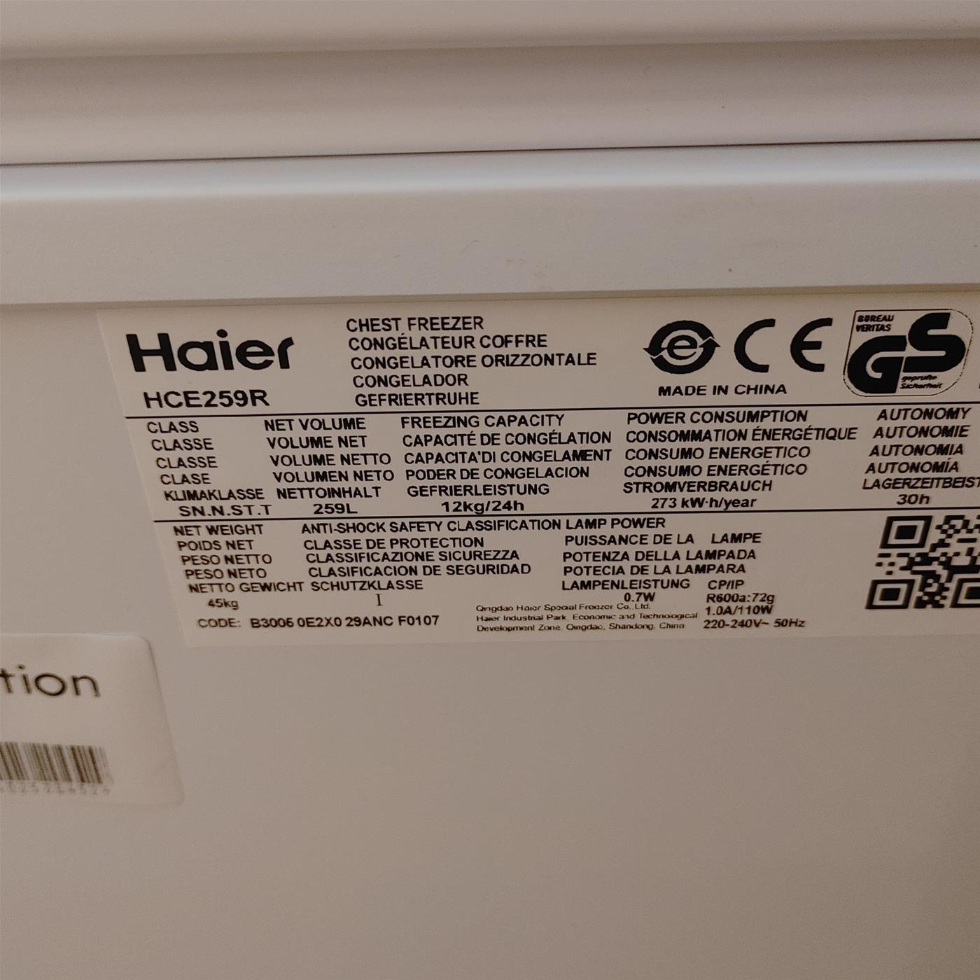 Haier HCE259R Congelatore a pozzetto Libera installazione 259 LF Bianco