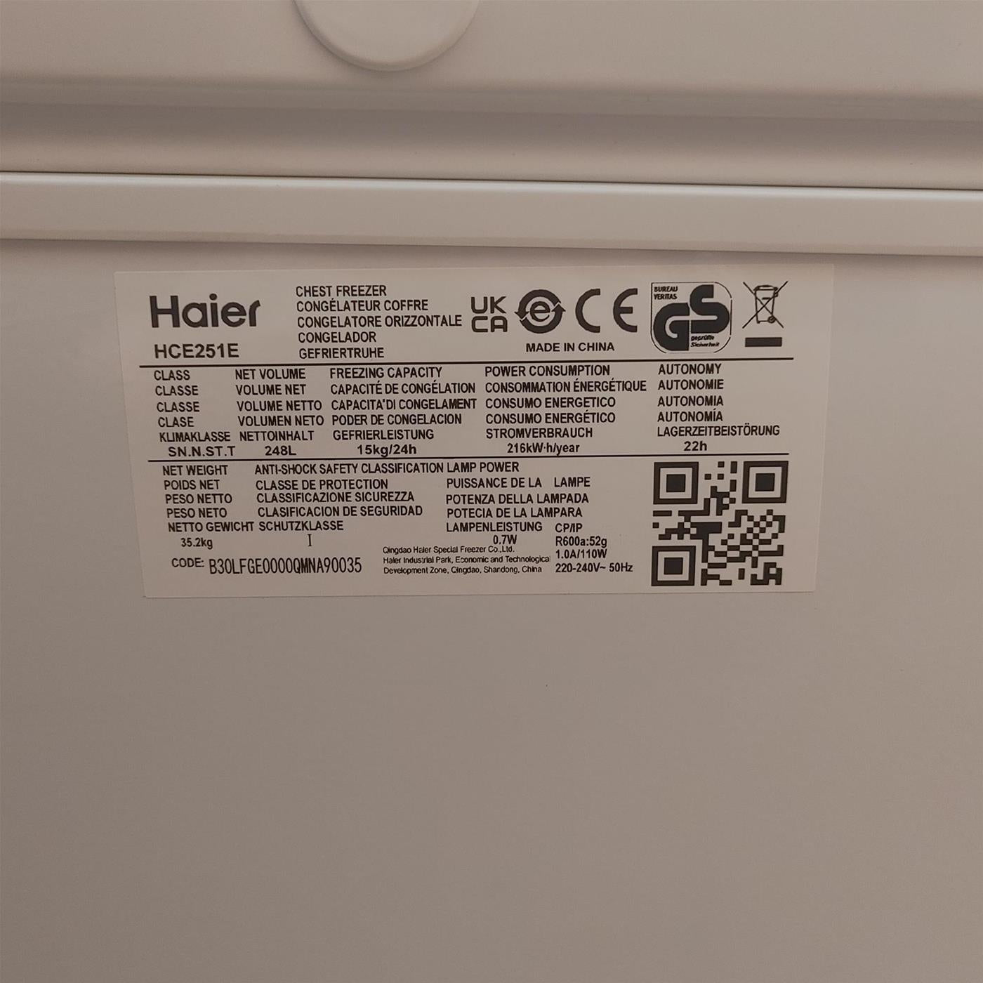 Congelatore a pozzetto Haier HCE251E 248 L