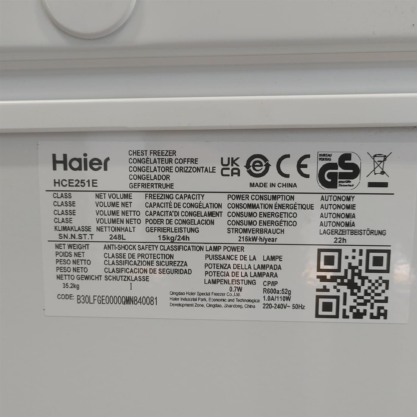 Haier HCE251E Congelatore a pozzetto Libera installazione 248 LE Bianco