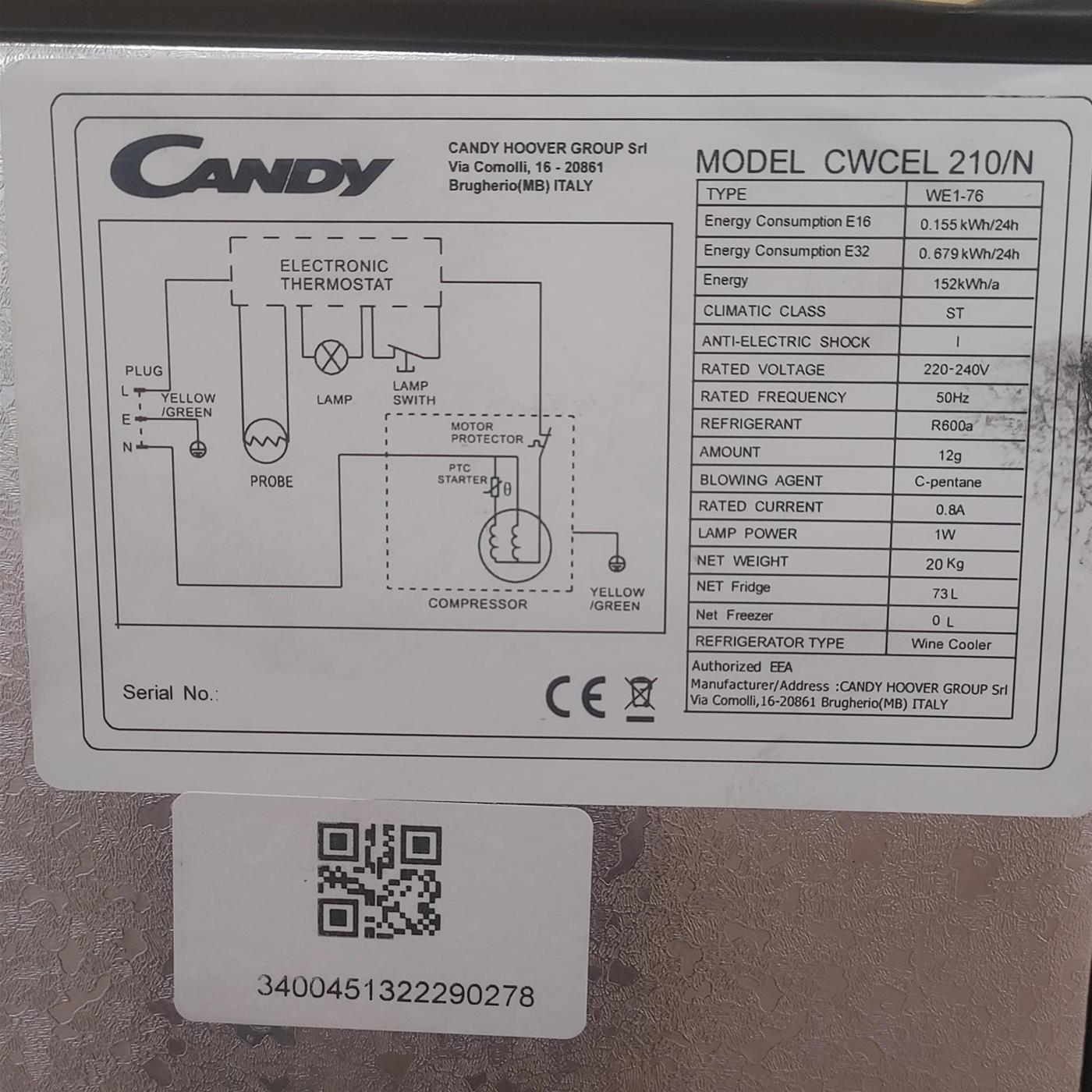 Candy DiVino CWCEL 210/N Frigorifero per vino a compressore Libera installazione Nero 21 bottiglia/e