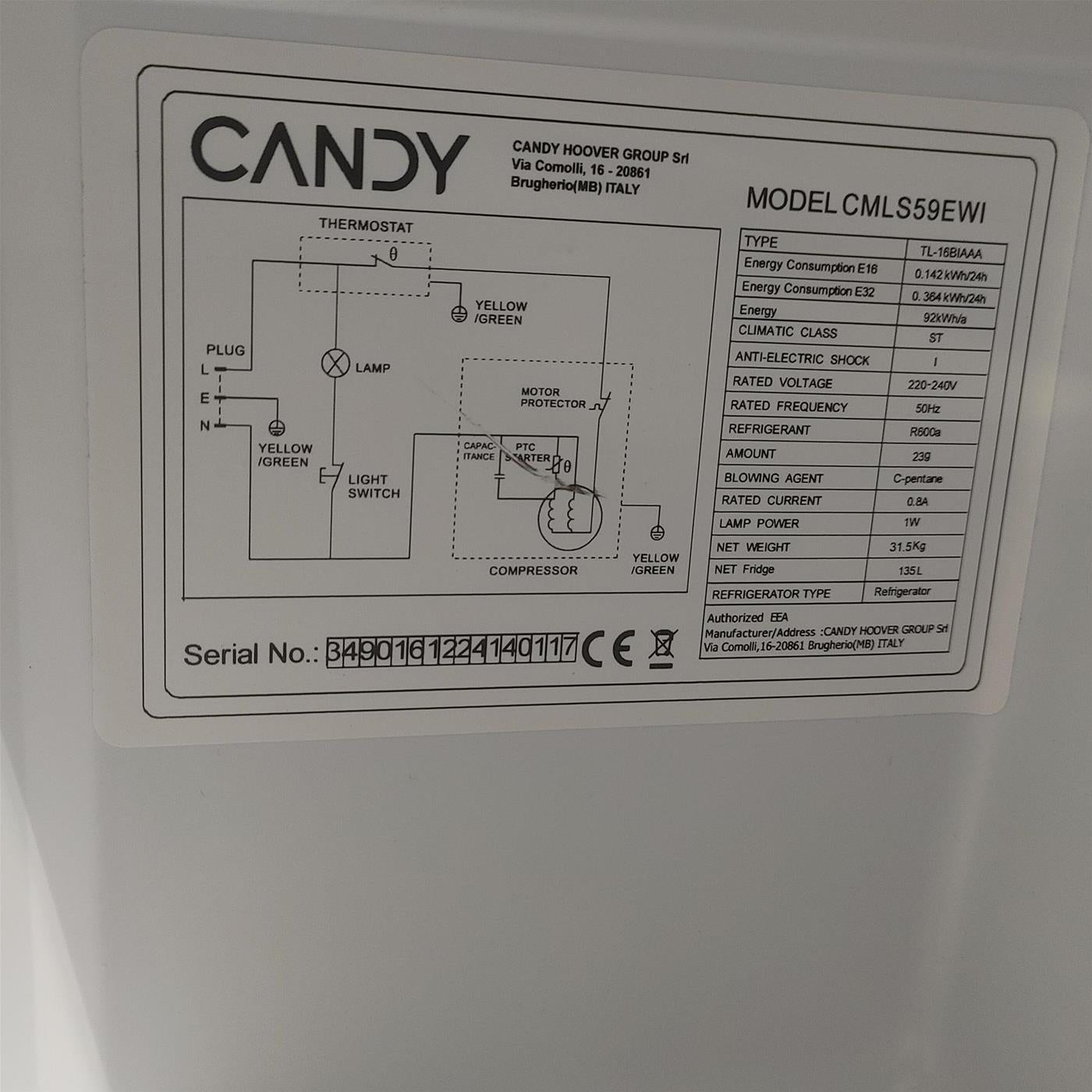Frigorifero Candy CMLS59EWI Da incasso 135 L