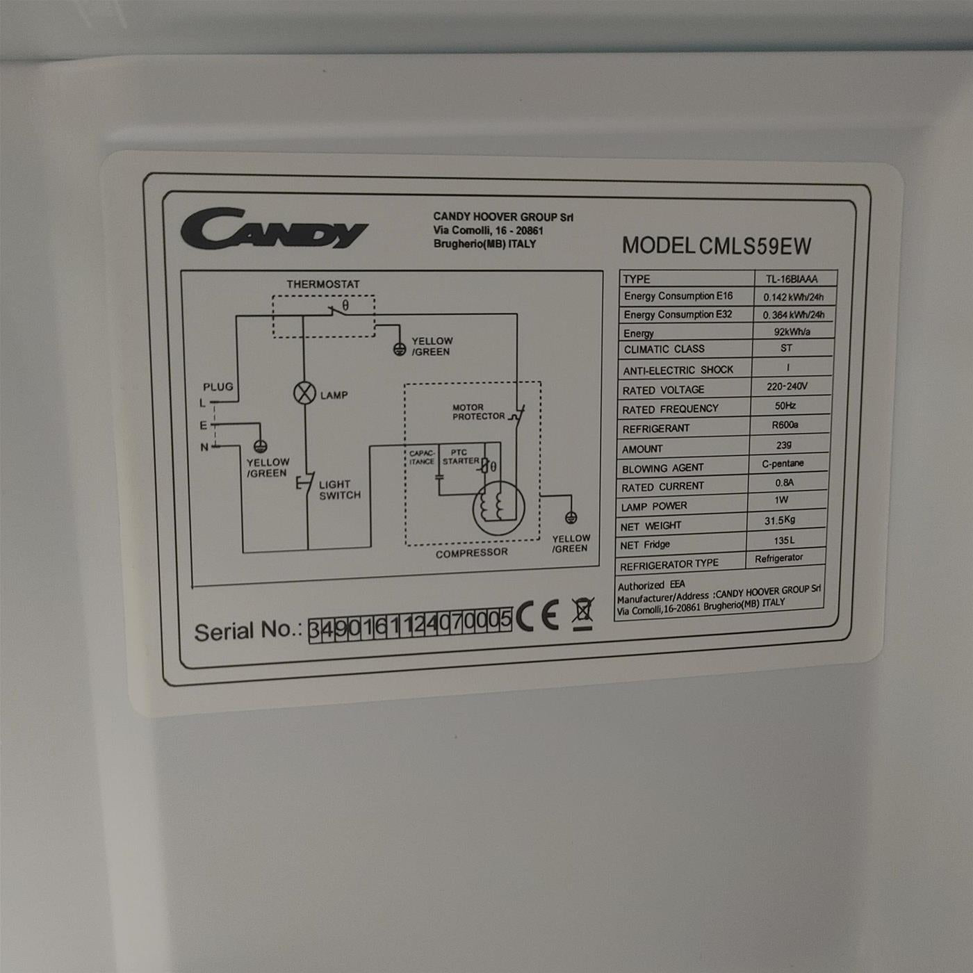 Frigorifero Candy CMLS59EW Incasso 135 LE Bianco