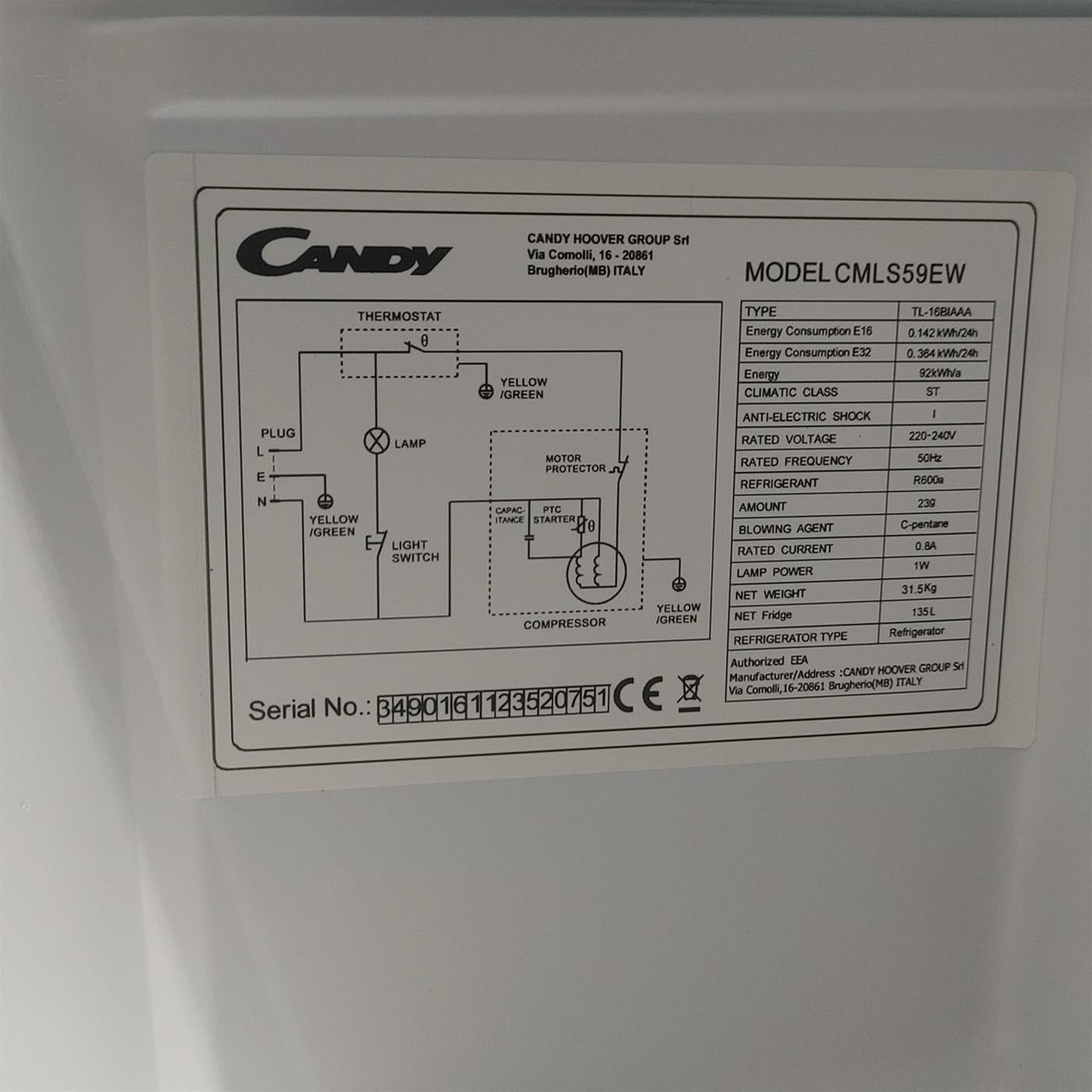 Frigorifero Candy CMLS59EW Incasso 135 LE Bianco
