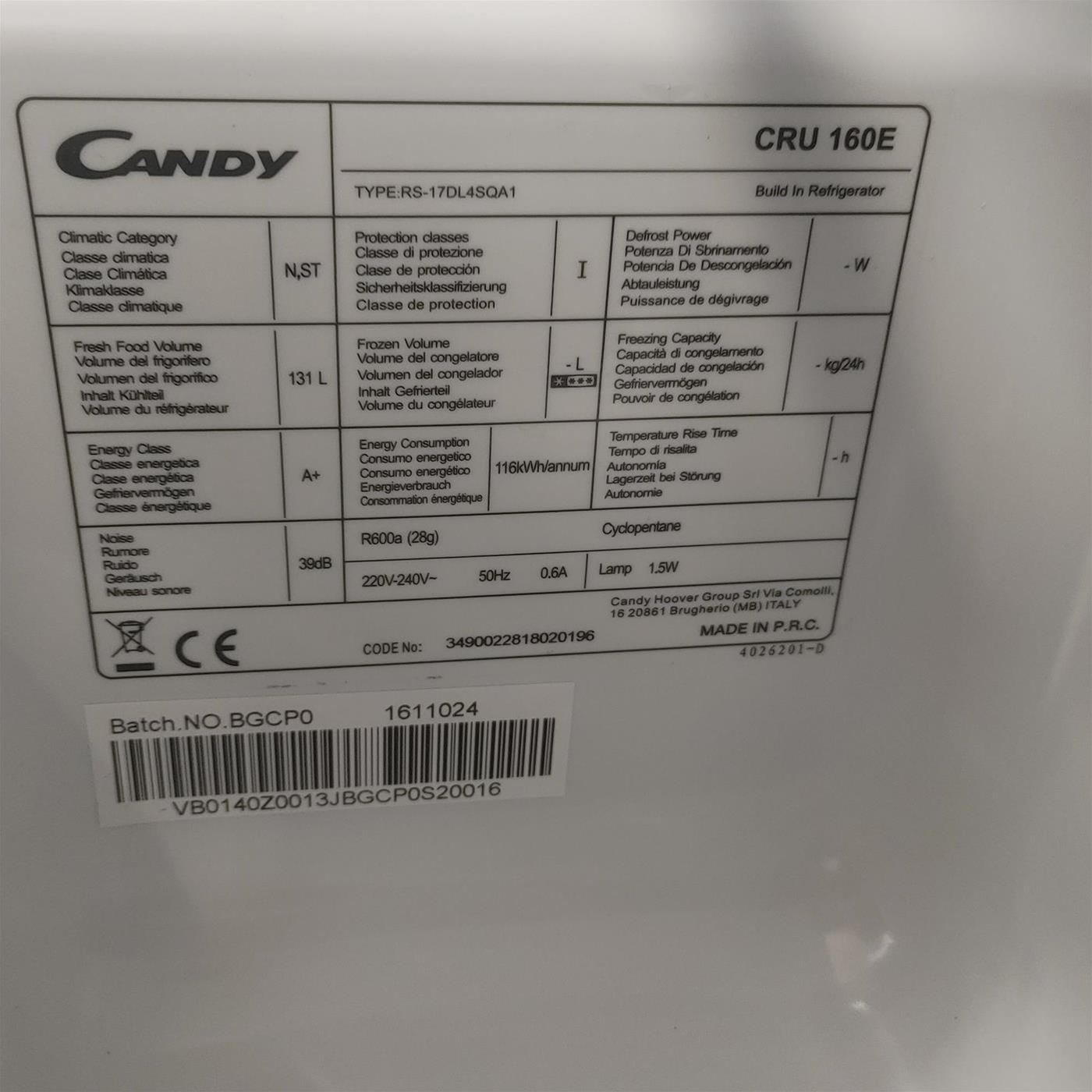 Frigorifero Candy CRU 160E da incasso 135 L
