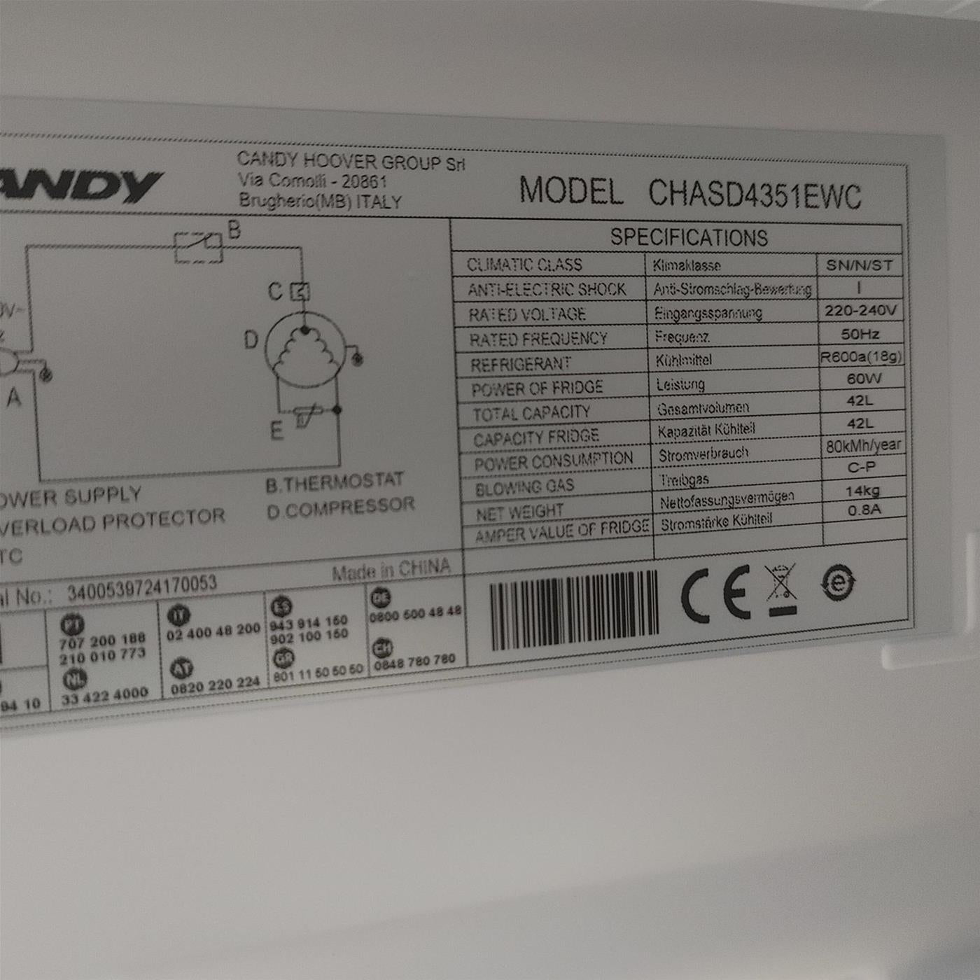 Candy Comfort CHASD4351EWC frigorifero Libera installazione 42 LE Bianco