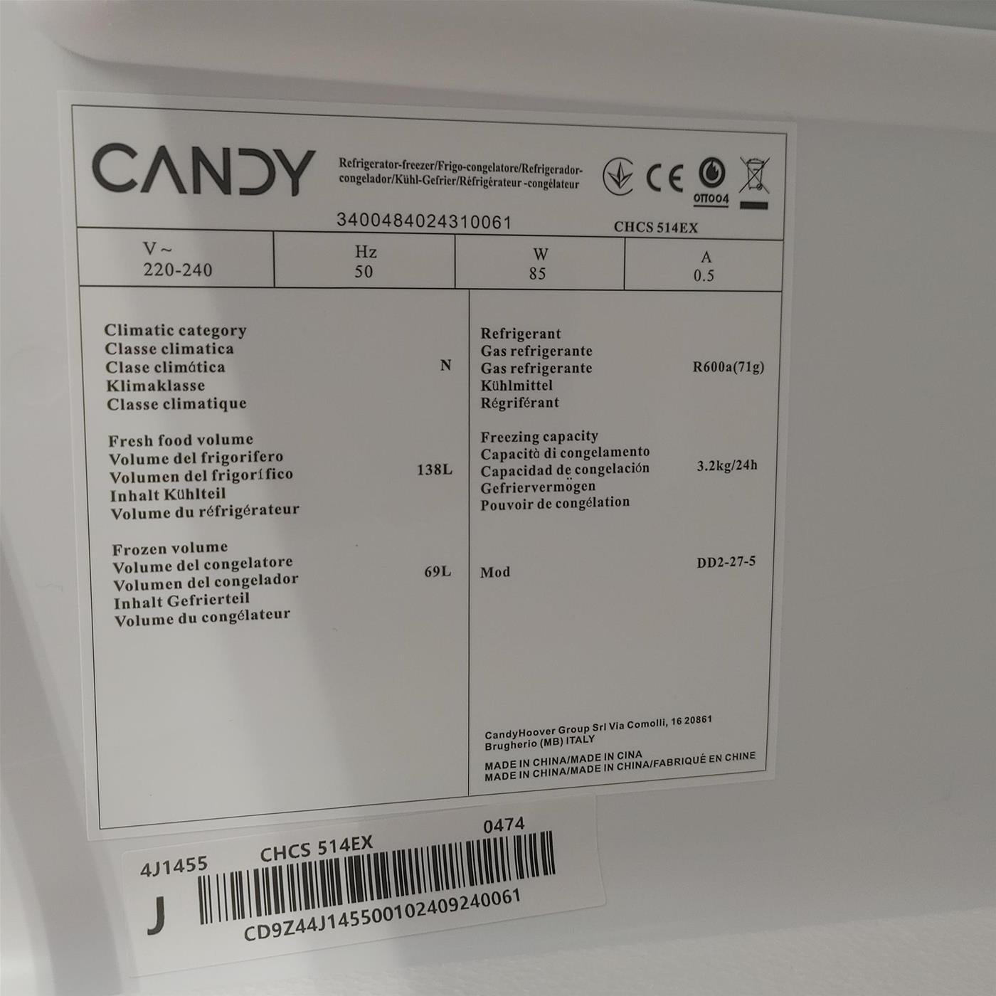 Frigorifero Candy CHCS 514EX Libera installazione 207 L
