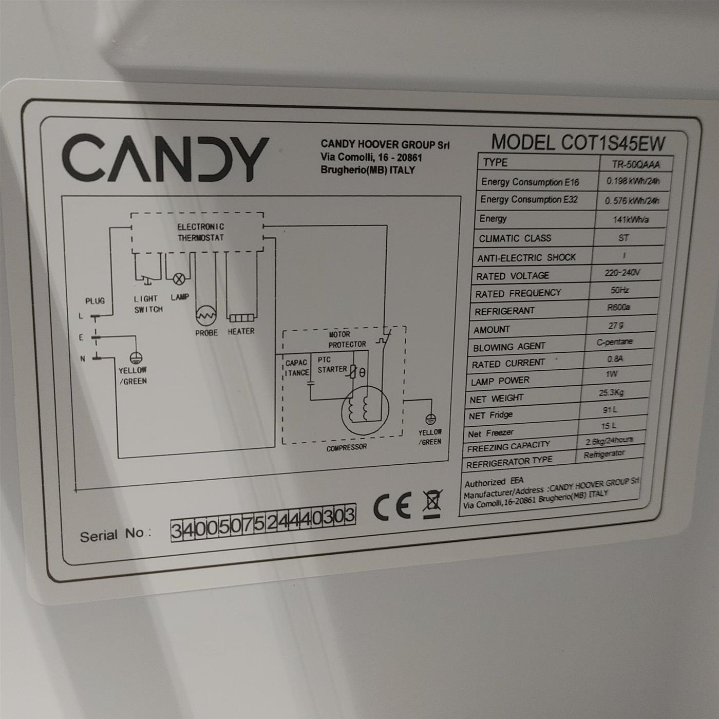 Frigorifero Candy COT1S45EW Libera installazione 106 L