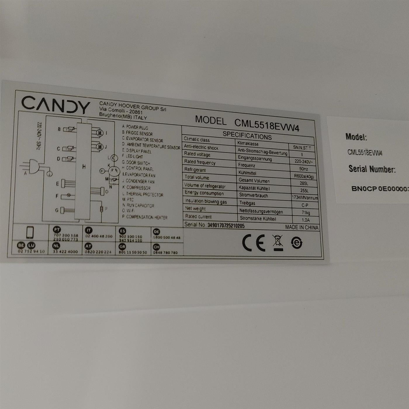 Frigorifero Candy CML5518EVW4 Monoporta Da incasso 285 L