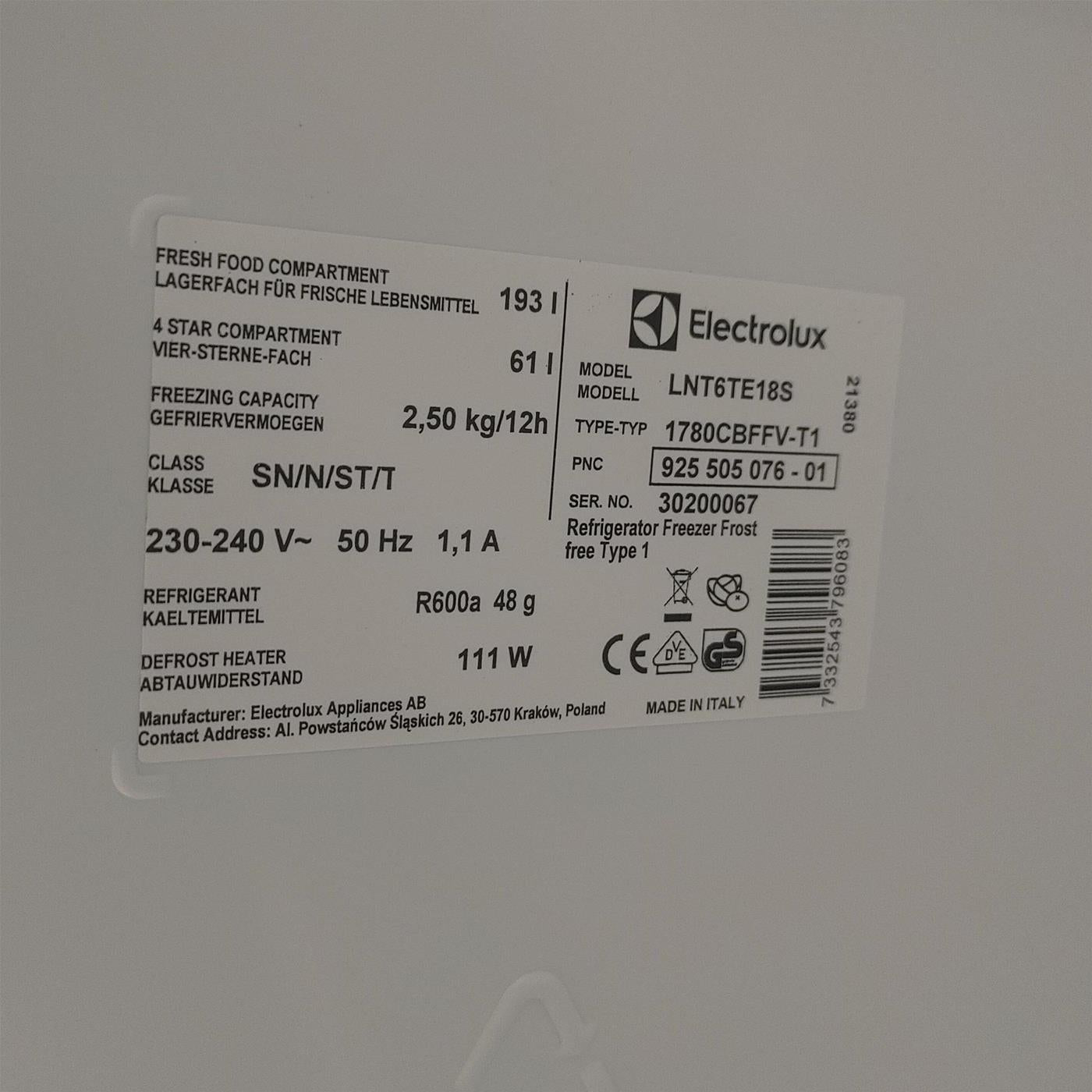 Electrolux LNT6TE18S Incasso 254 LE Bianco