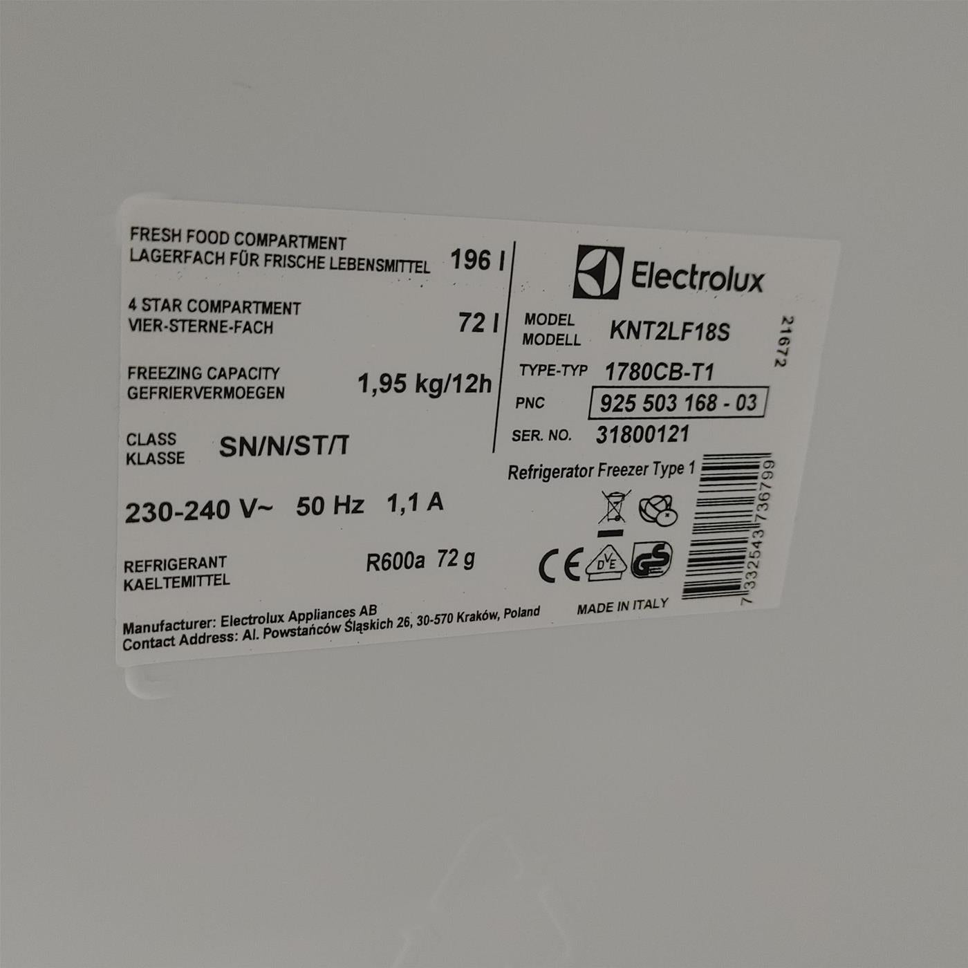 Frigorifero Electrolux KNT2LF18S da Incasso 268 L