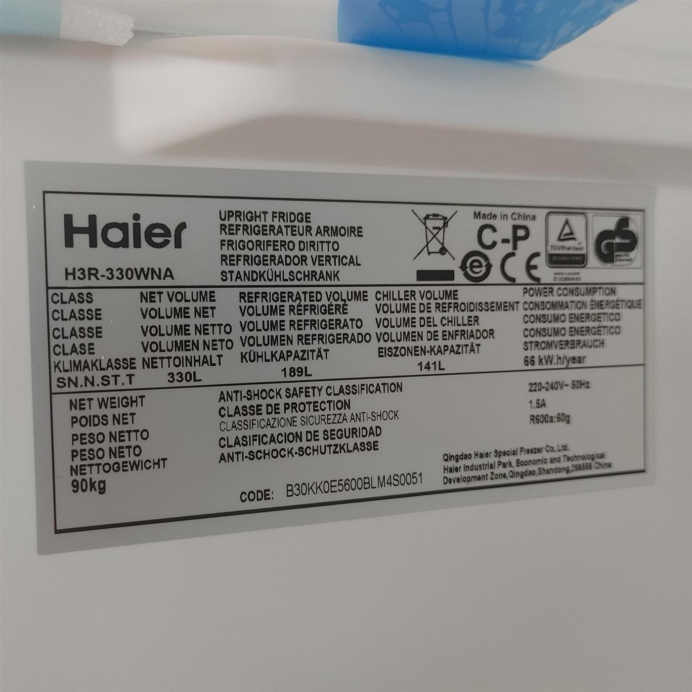 Frigorifero Haier H3R-330WNA UK Libera installazione 330 LA Bianco