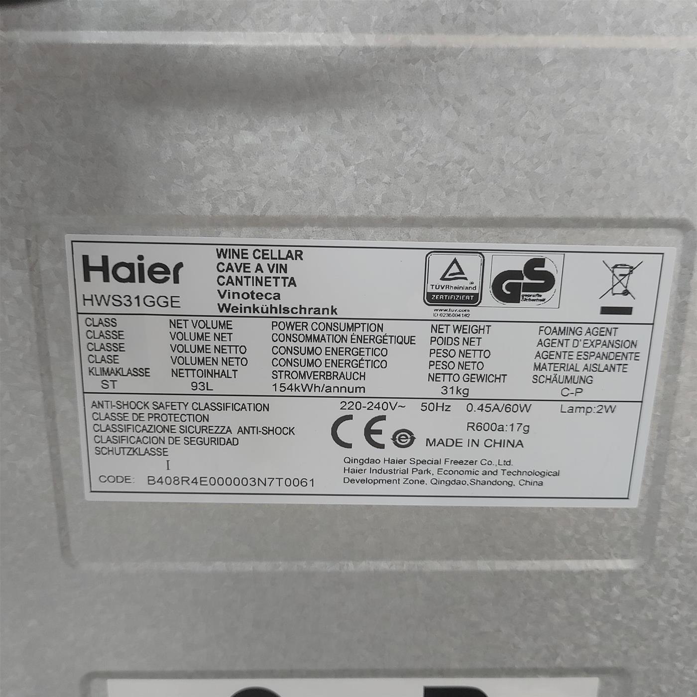 Haier Wine Bank 50 Serie 3 HWS31GGE Frigorifero per vino a compressore Libera installazione Nero 31 bottiglia/e