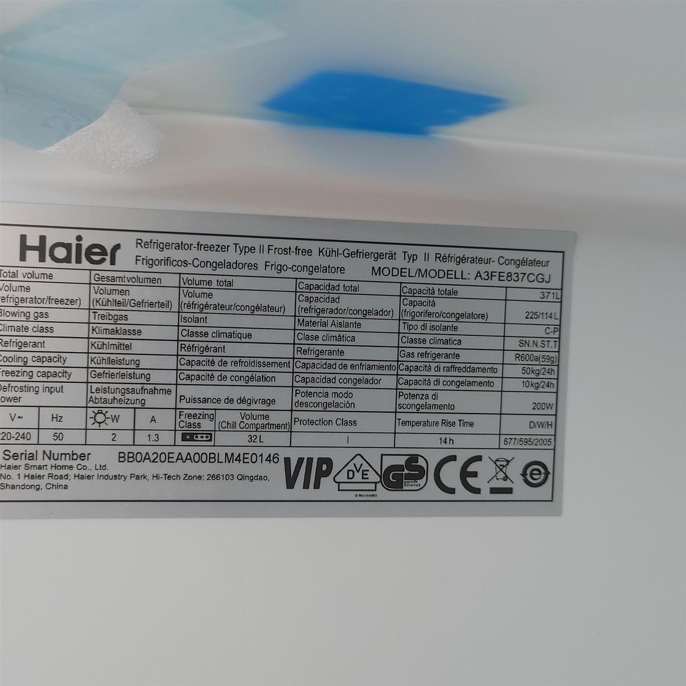 Haier 3D 60 Serie 3 A3FE837CGJ Libera installazione 371 L D Argento, Titanio