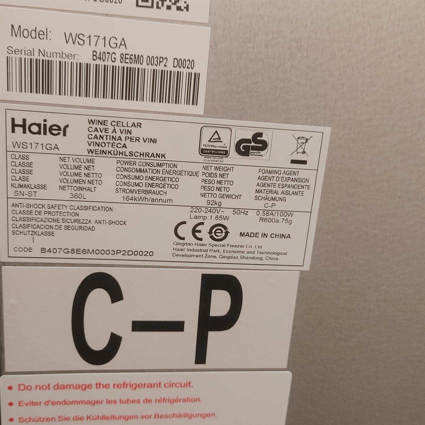 Haier Wine Bank 60 Serie 3 WS171GA Cantinetta frigo con compressore Libera installazione Nero 166 bottiglia(e)
