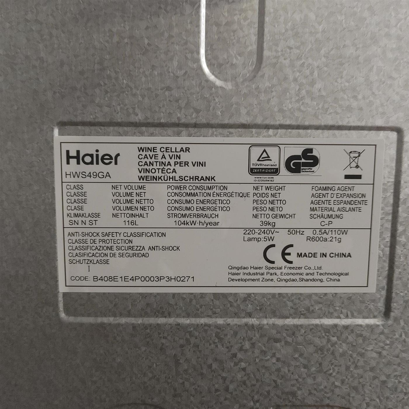 Haier Wine Bank 50 Serie 5 HWS49GA Cantinetta frigo con compressore Libera installazione Nero 49 bottiglia(e)