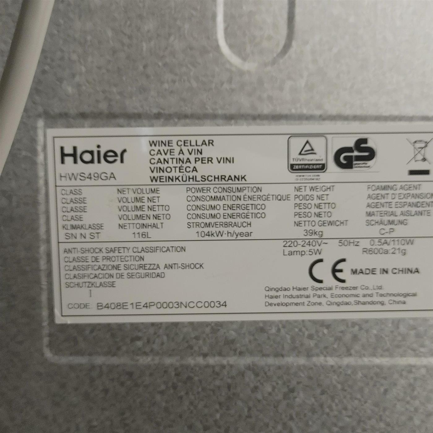 Haier Wine Bank 50 Serie 5 HWS49GA Cantinetta frigo con compressore Libera installazione Nero 49 bottiglia(e)