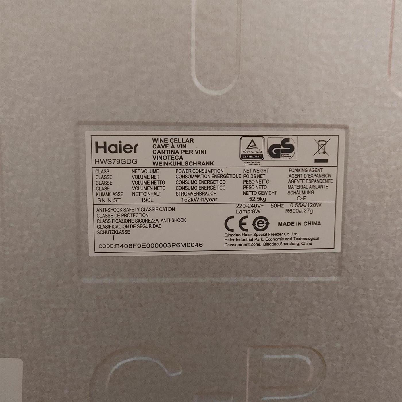 Haier Wine Bank 50 Serie 5 HWS79GDG Frigorifero per vino a compressore Libera installazione Nero 79 bottiglia/e
