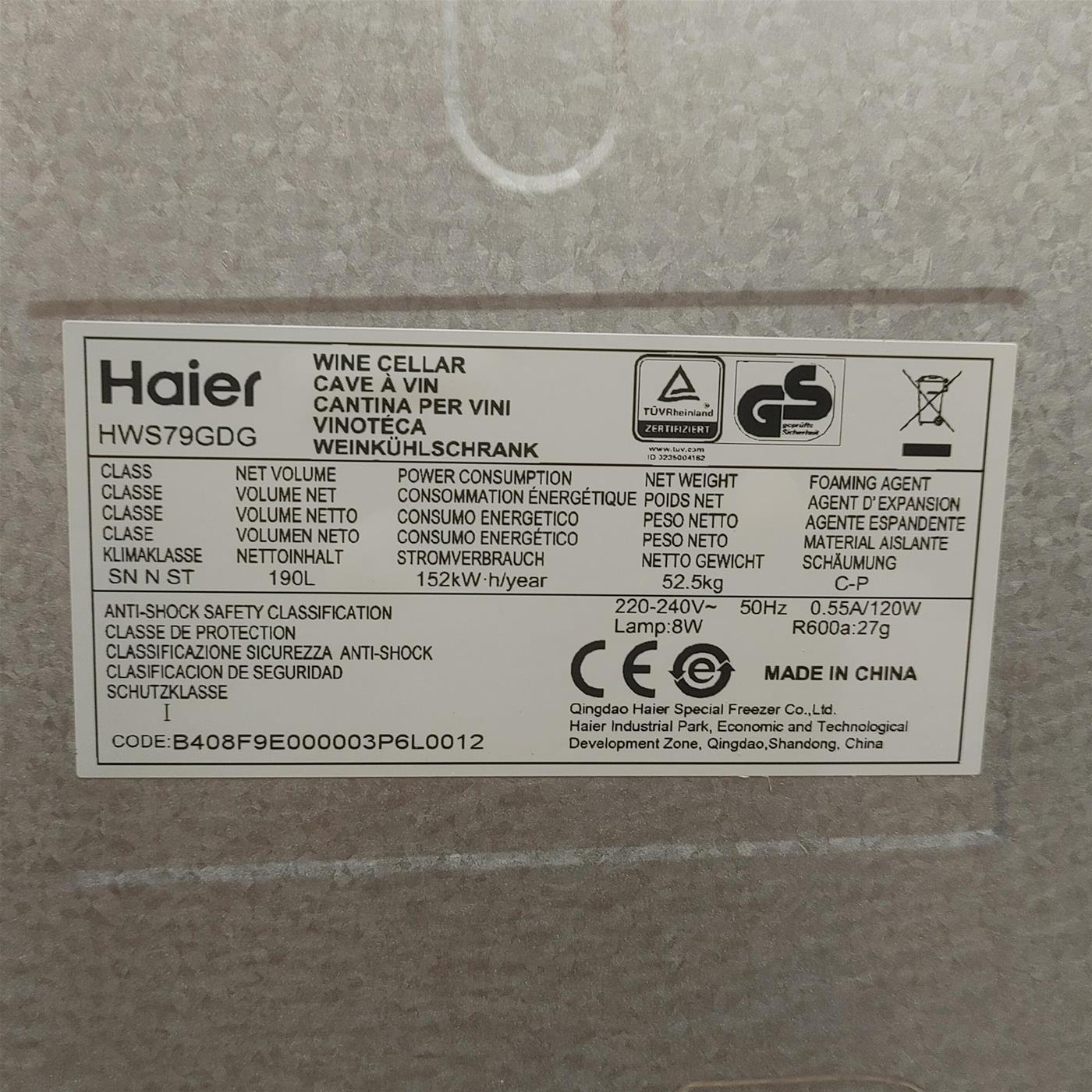 Haier Wine Bank 50 Serie 5 HWS79GDG Frigorifero per vino a compressore Libera installazione Nero 79 bottiglia/e