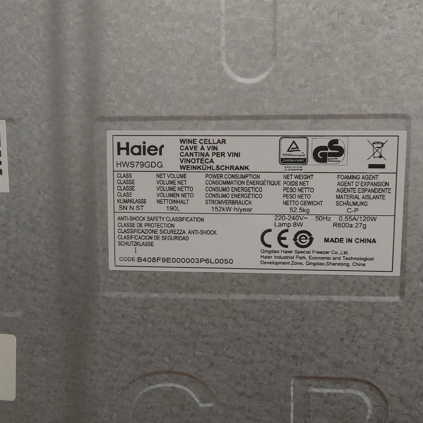 Haier Wine Bank 50 Serie 5 HWS79GDG Frigorifero per vino a compressore Libera installazione Nero 79 bottiglia/e