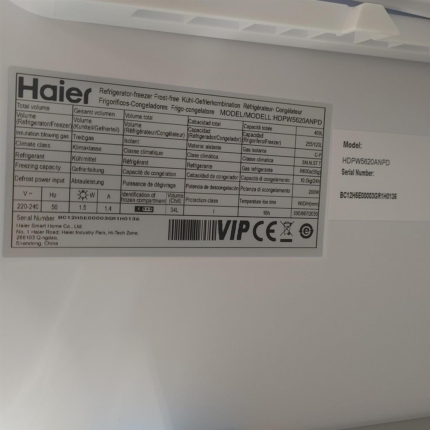Frigorifero Haier 2D 60 Serie 5 HDPW5620ANPD Libera installazione 409 L