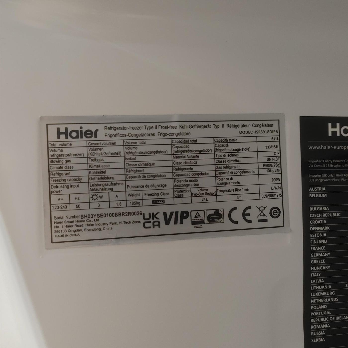Frigorifero Haier SBS 90 Serie 5 HSR5918DIPB side-by-side 511 L